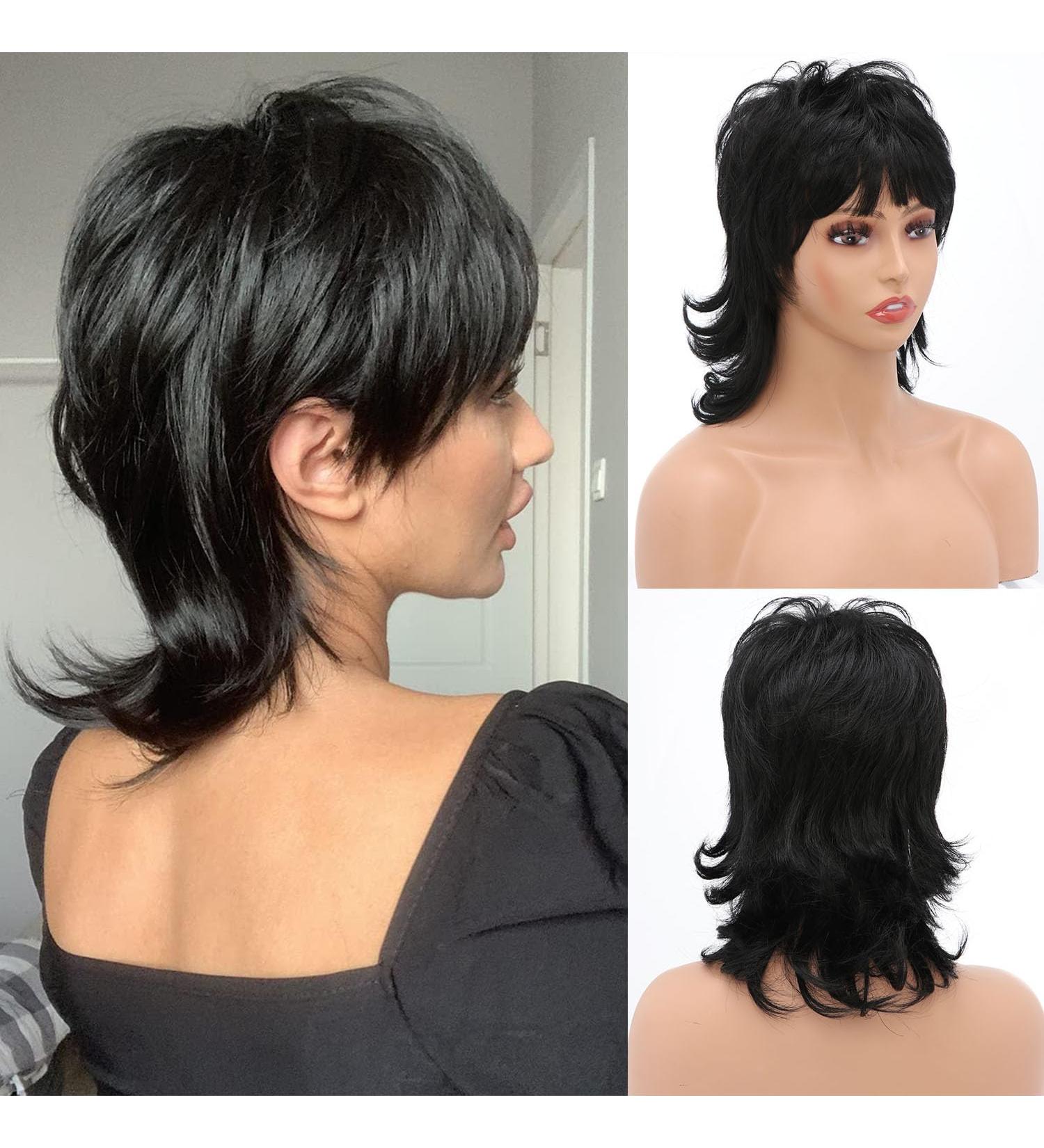 Bestung Short Black 80s Mullet Wig with Bangs - 12 inch Synthetic Hair for Daily & Party Wear - Women's Costume Cosplay Wig (Black) - Buy Online on GoSupps.com