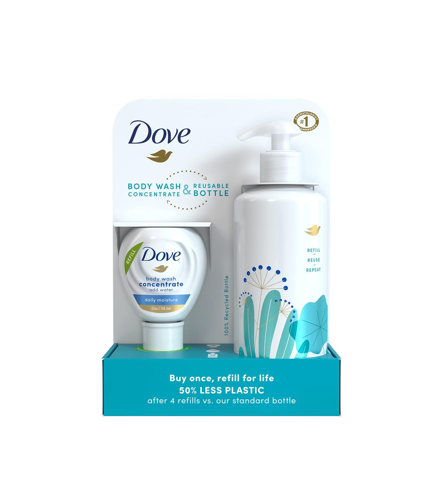 Dove Concentrate Refill & Reusable Bottle - Daily Moisture Starter Kit for Soft Skin (4 Fl oz Makes 16 Fl oz) | Eco-Friendly Body Care - Buy Online on GoSupps.com