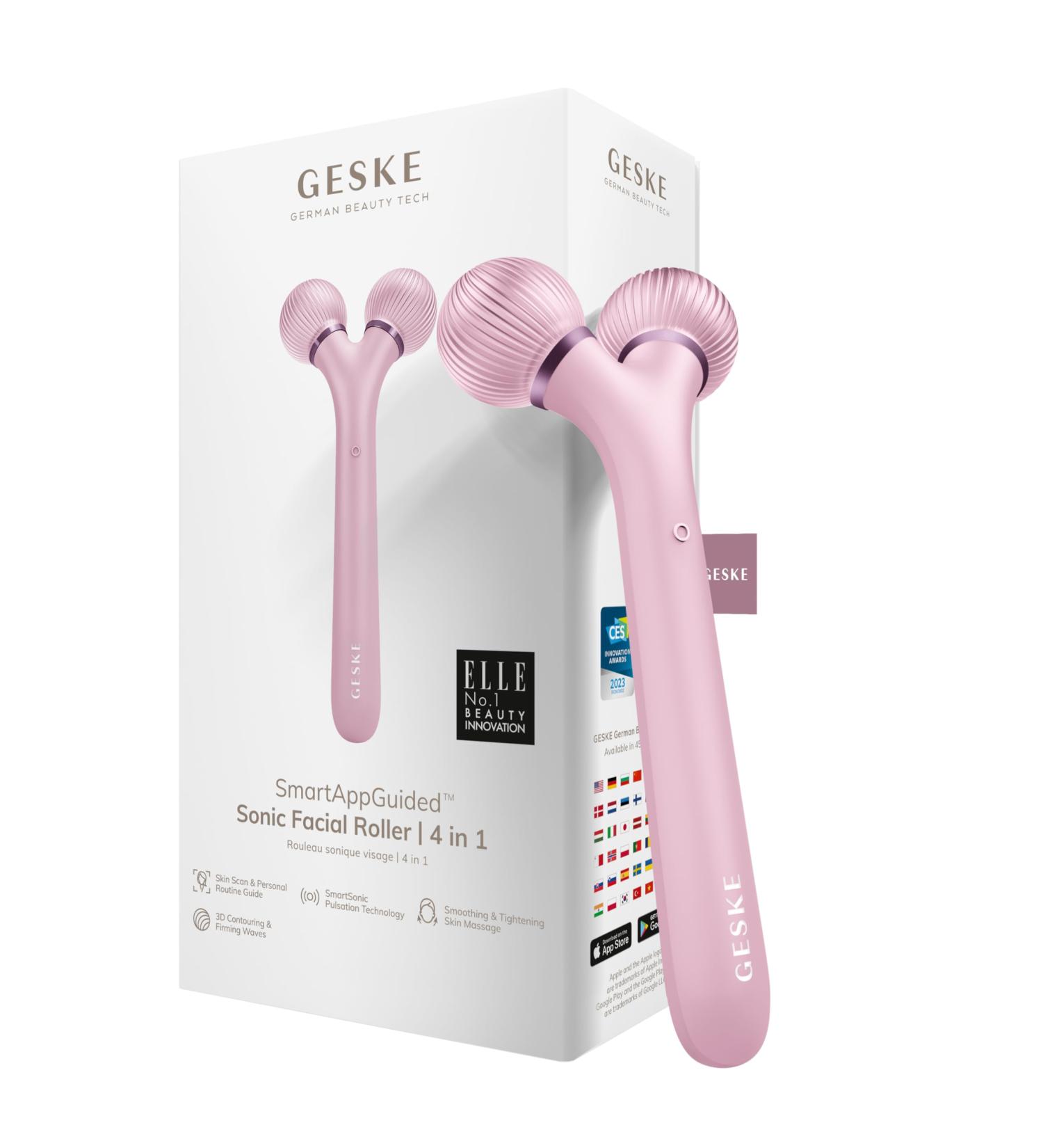GESKE SmartAppGuided Sonic Facial Roller | 4 in 1 | Derma Roller | Facial Dermasmooth Stimulator | Derma Roll | Professional Facial Roller | Dermaroller for Skincare and Beauty Routine | Smooth Skin Pink - Buy Online on GoSupps.com