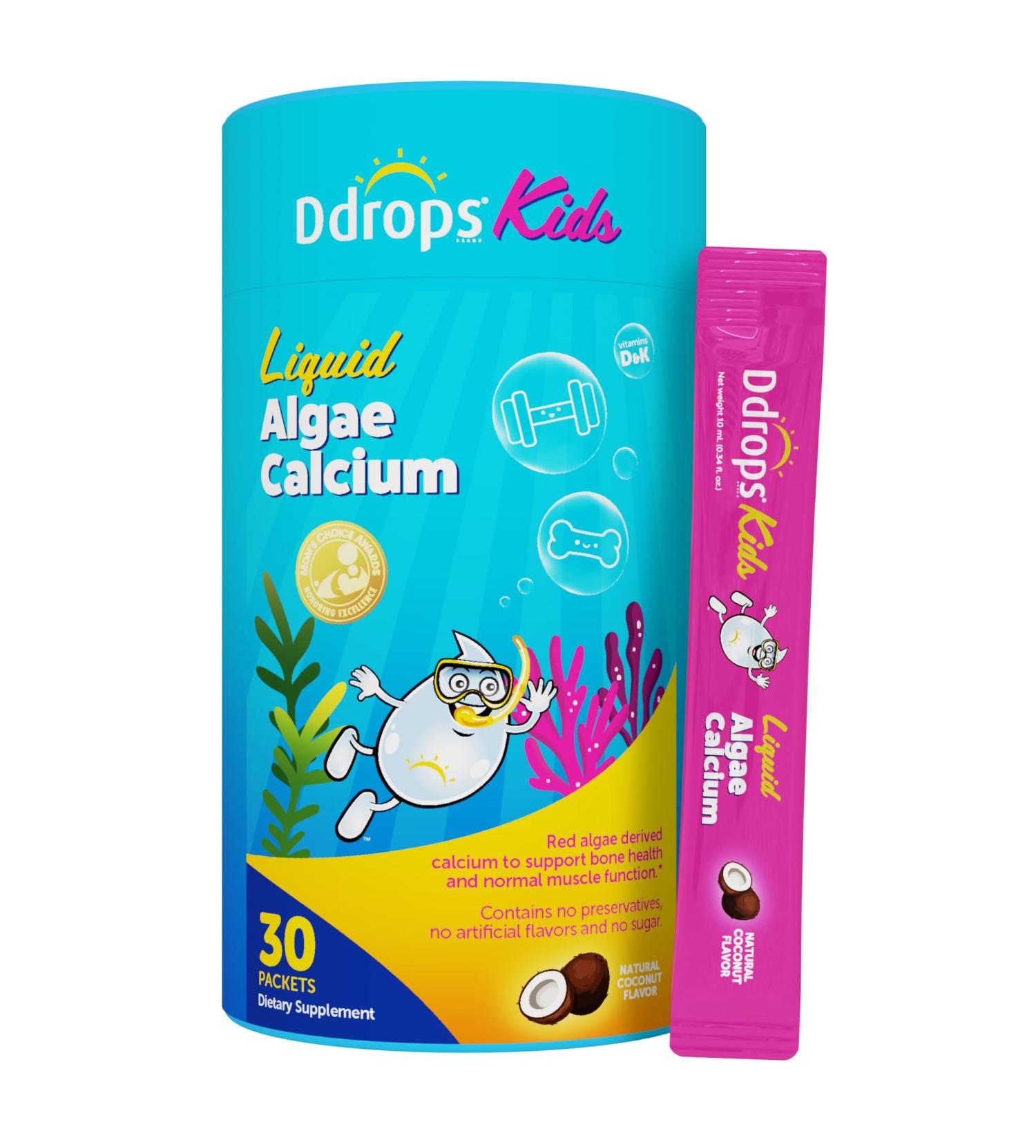 Ddrops Kids Liquid Calcium with Magnesium Vitamins D3 K2 and Zinc for Kids 30 Packets. Algae Derived Calcium to Support Bone Health and Muscle Function. Non-GMOs Allergy-Friendly Sugar Free - Buy Online on GoSupps.com