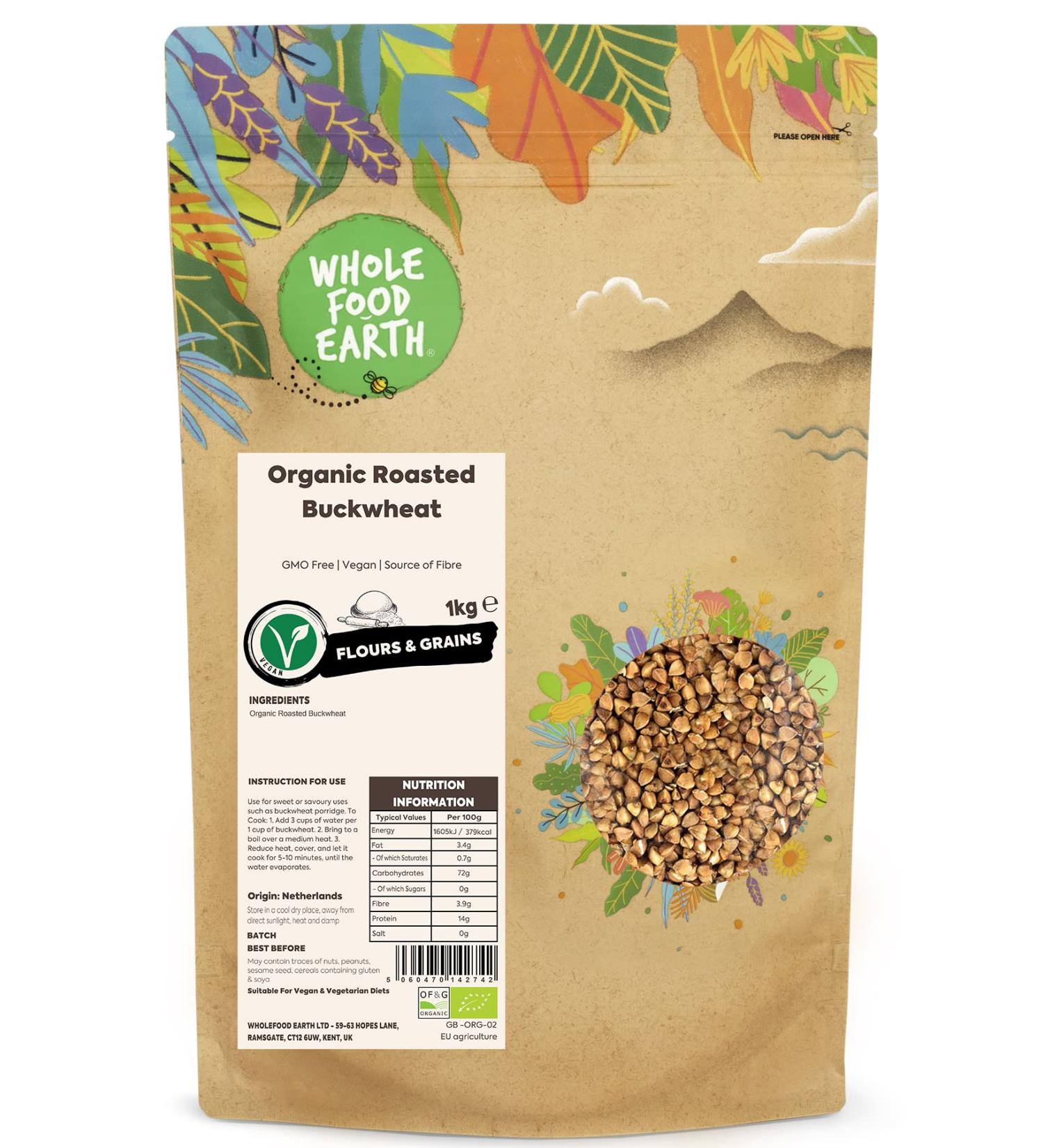 Wholefood Earth Organic Roasted Buckwheat 1 kg - GMO Free, Vegan, Source of Fibre - Certified Organic - Buy Online on GoSupps.com