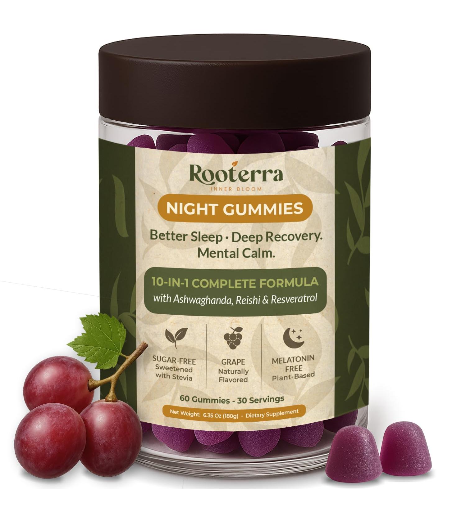 Night Gummies Melatonin-Free Reishi Ashwagandha Valerian Magnesium Resveratrol & Relaxing Botanicals Supports Evening Calm Sleep and Relaxation Grape Flavor 60 Gummies - Buy Online on GoSupps.com