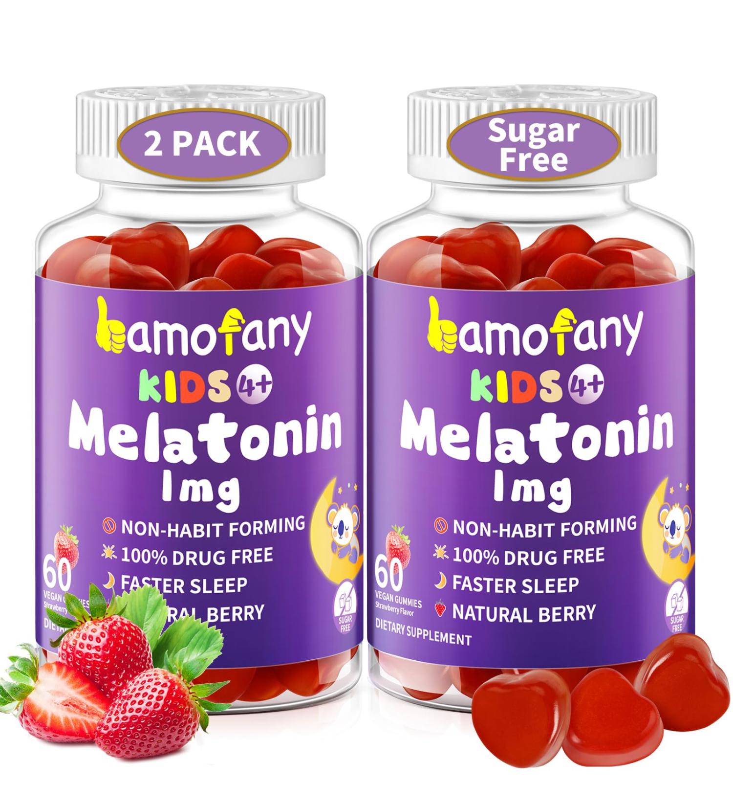 Bamofany Kids Melatonin 1mg Gummies Twin Pack (120 Count) 2x60 Strawberry Gummies, Safe Sleep Support for Ages 4+ with L-Theanine, Vegan, Sugar Free - Buy Online on GoSupps.com