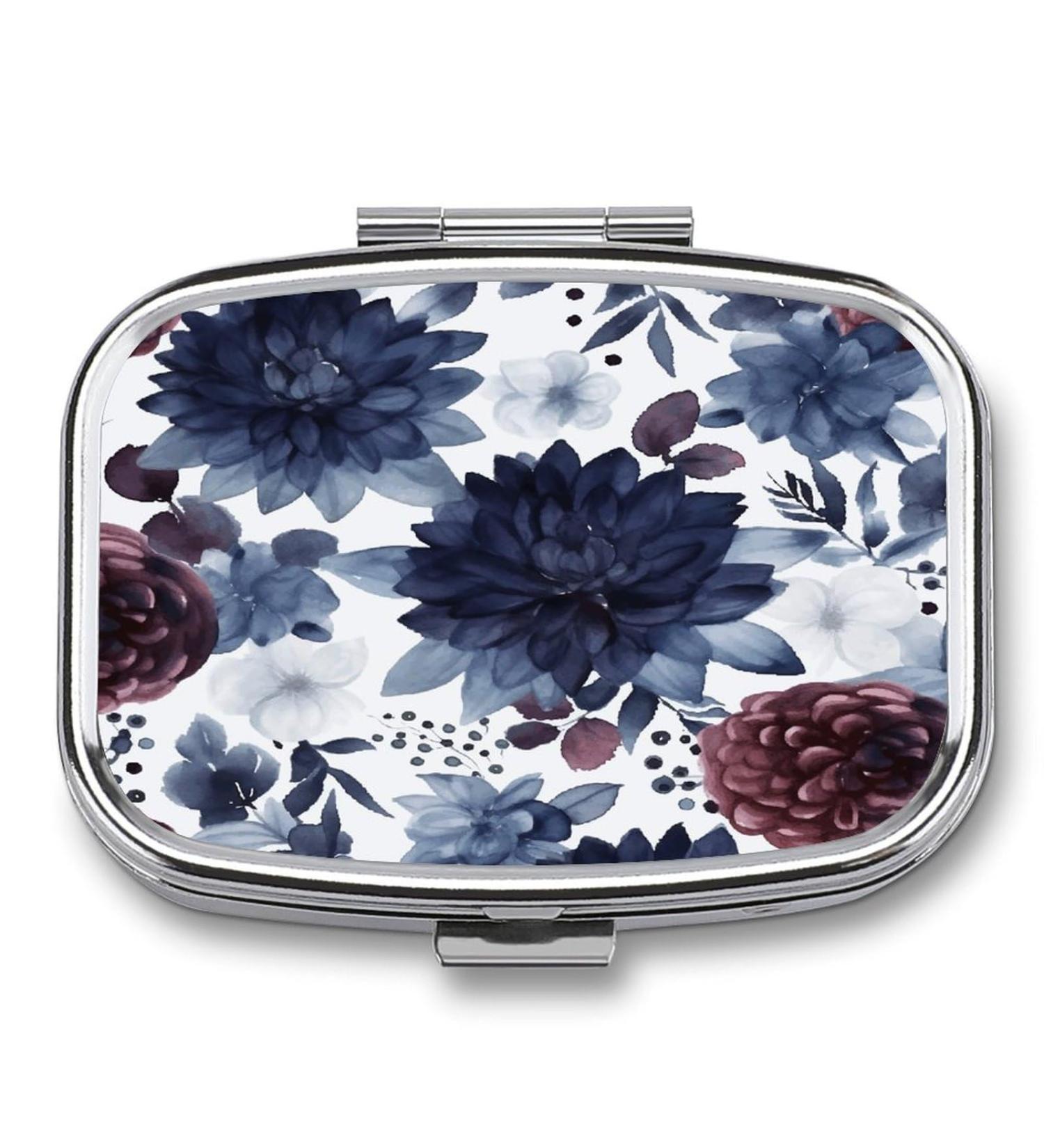 Watercolor Dark Blue Pill Box | 2 Compartment Decorative Pill Organizer | Portable Metal Case for Medicine - Buy Online on GoSupps.com
