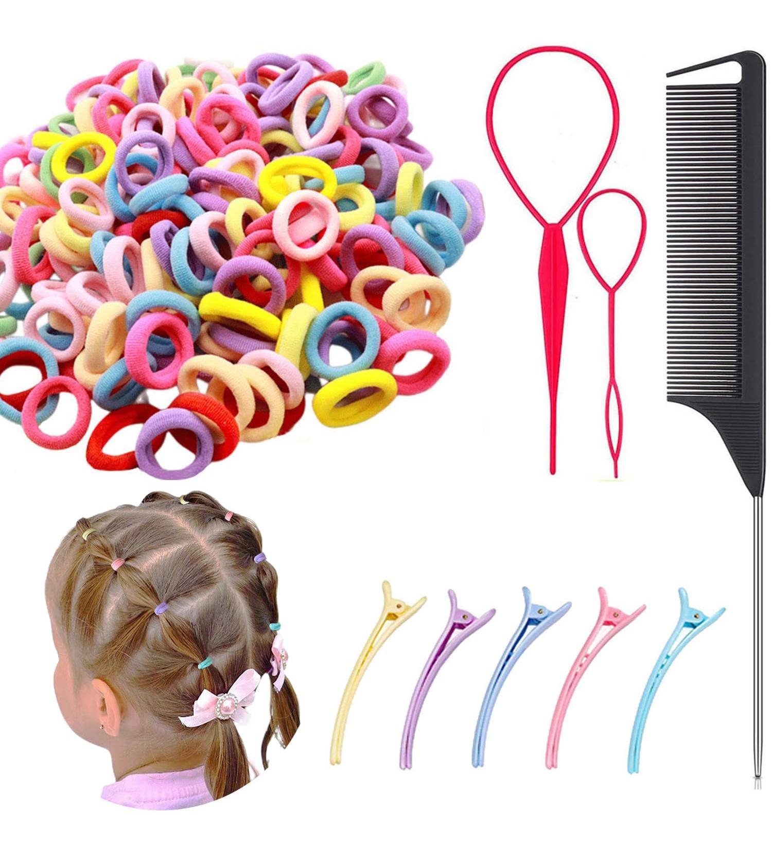 100Pcs Baby Hair Ties Set with Hair Tools and Clips for Toddler Girls - Hair Accessories Kit with Topsy Tail Tool, Duck Bill Clips, Rat Tail Comb - Type C - Buy Online on GoSupps.com