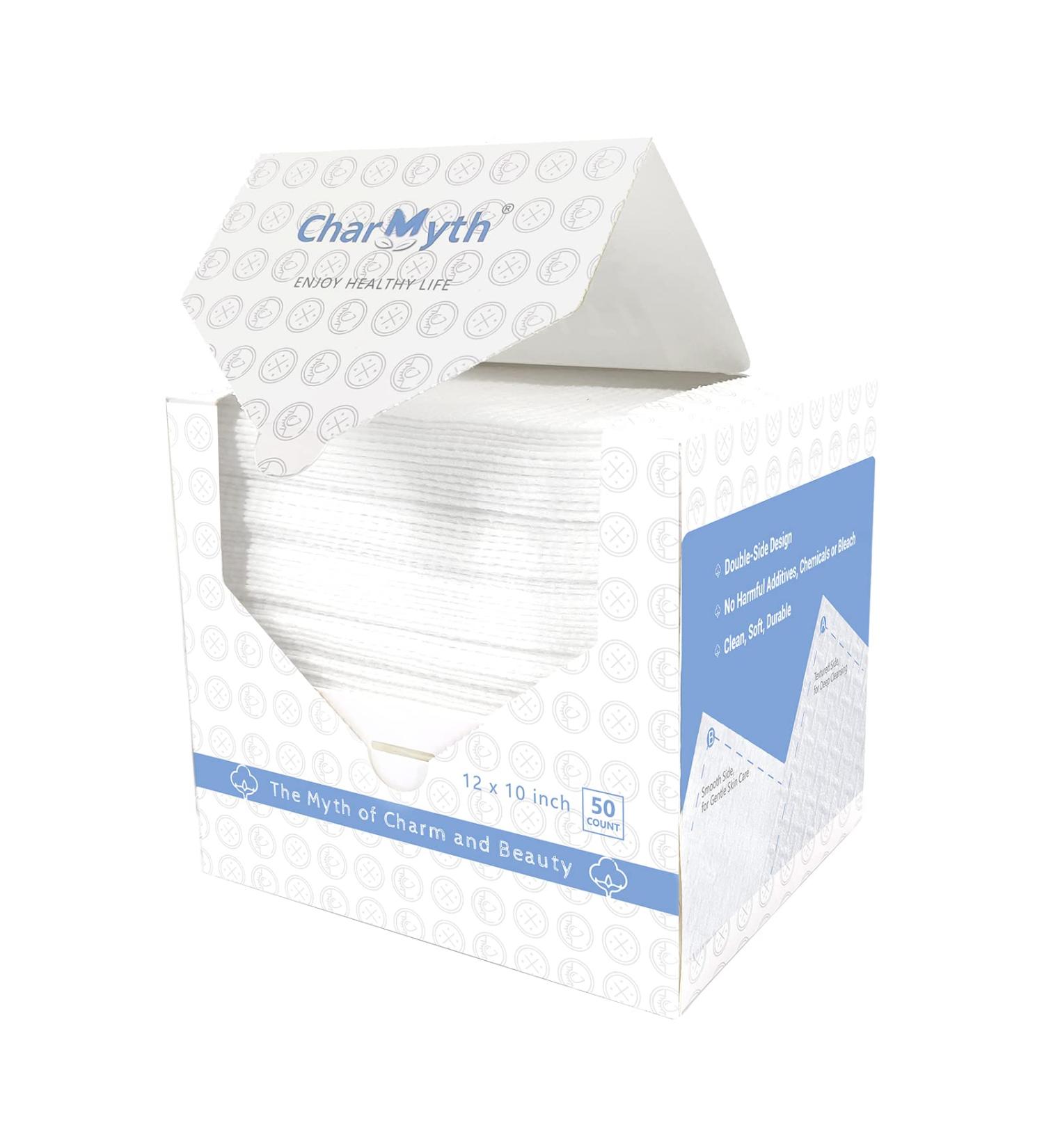 Charmyth XL Disposable Face Towel Pack of 50 - Extra Thick Soft Makeup Remover & Dry Wipes for Sensitive Skin - Organic, Cruelty-Free & Degradable - Buy Online on GoSupps.com