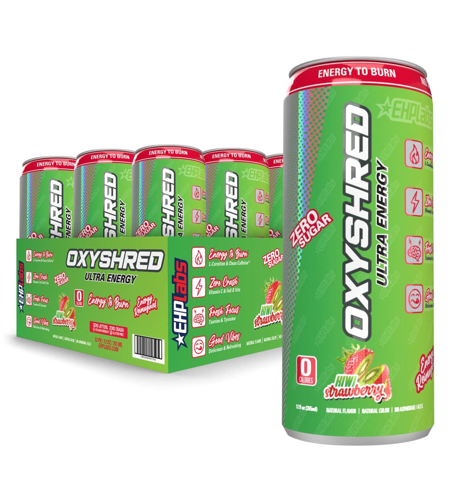 EHP Labs OxyShred Healthy Energy Drink - Zero Sugar Zero Carbs Kiwi Strawberry 12-Pack with Amino Acids & Green Tea Extract - Buy Online on GoSupps.com