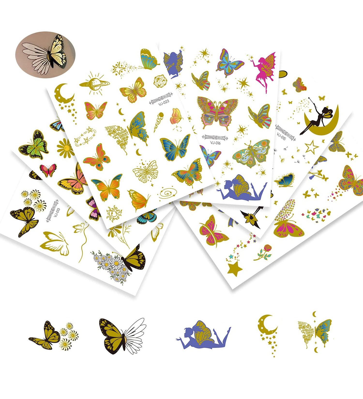 Firot Metallic Temporary Tattoos - Glitter Butterfly Watercolor Fairies Stars Stickers - 6 Sheets (Golden) - Body Art for Kids, Teens & Adults - Buy Online on GoSupps.com