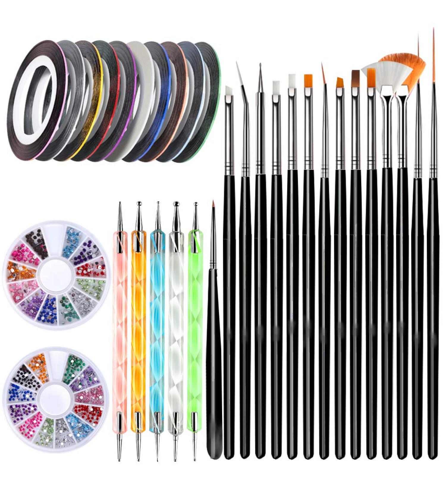 Buy Teenitor Nail Art Brushes Set | 15 Gel Brushes & 5 Dotting Pens | 12 Colors Rhinestones & Adhesive Tape for Acrylic Nails - Black B - Buy Online on GoSupps.com