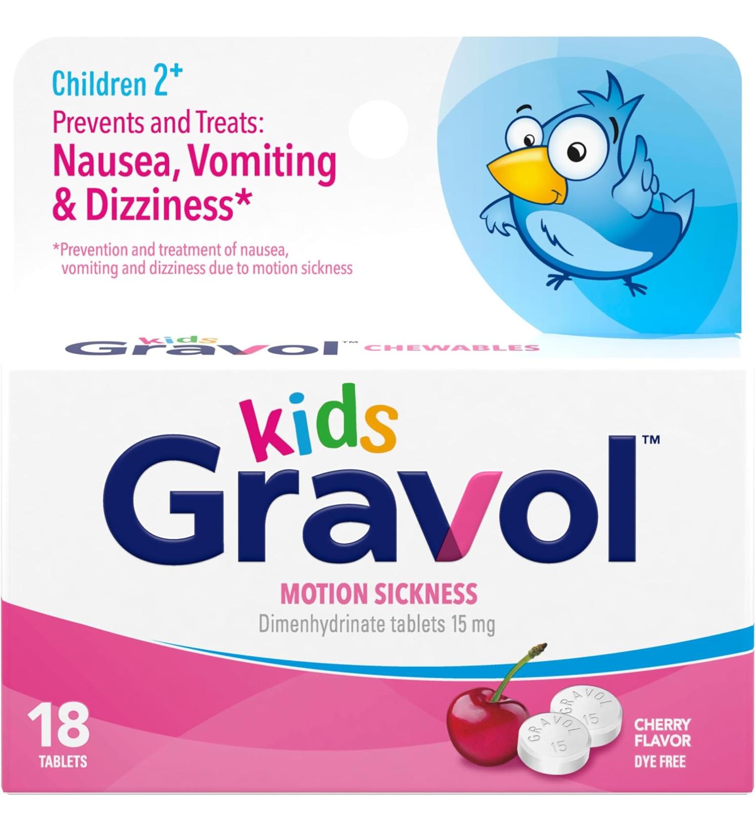 GRAVOL Children's 18 Quick Dissolve CHERRY Chewable Tablets for Anti-Vomiting/Nausea Dye Free