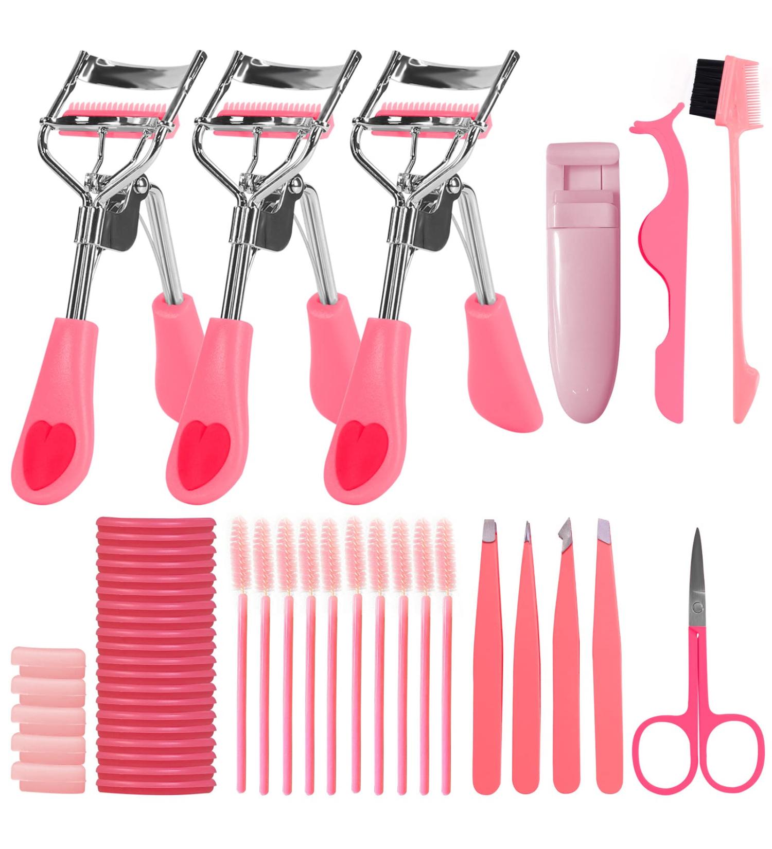 46-in-1 Pink Eyelash Curler with Comb Kit - Extension Tweezers, Brow Brush, Scissors, Silicone Refills - Buy Online on GoSupps.com
