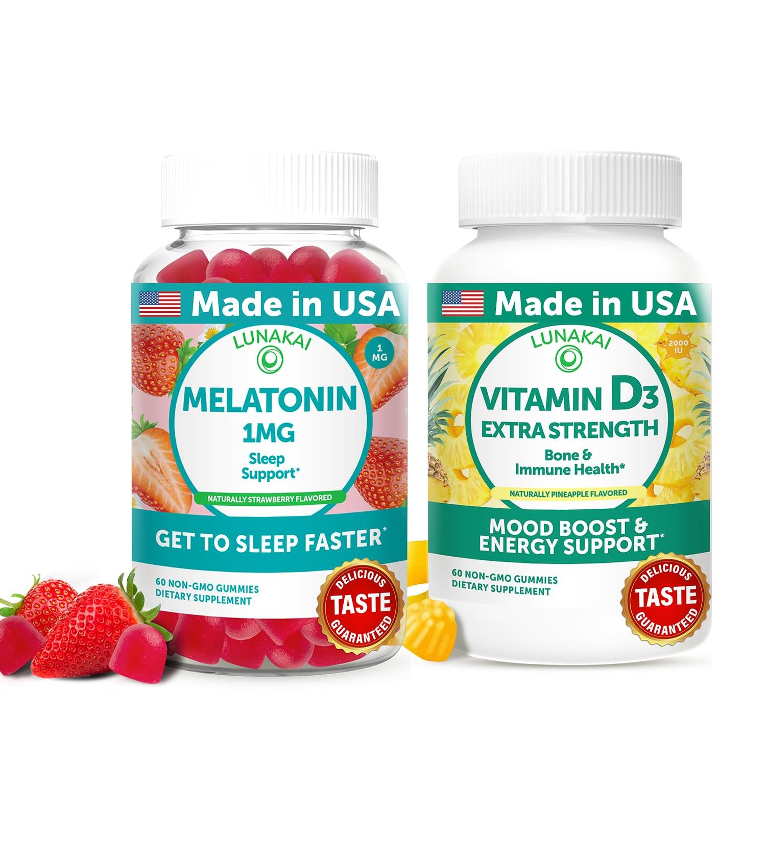 Lunakai USA Made Low Dose Melatonin & Vitamin D3 Gummies Bundle Sleep Bone & Immune Support 60 Non-GMO Gummies Each - Buy Online on GoSupps.com