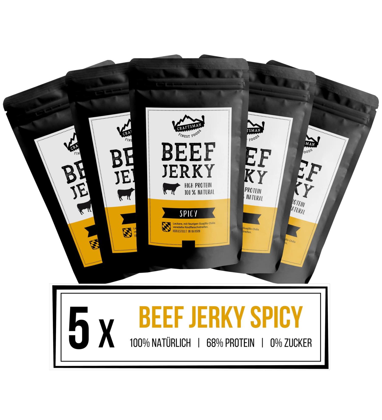  CRAFTSMAN FINEST FOODS Craftsman Beef Jerky Spicy | Made in Germany - Bavaria | Pack of 5 x 100g 500g | 100% Natural Sugar Free | 100% Beef | High Protein 68% | Dry Meat Biltong Spicy Chili - Buy Online on GoSupps.com