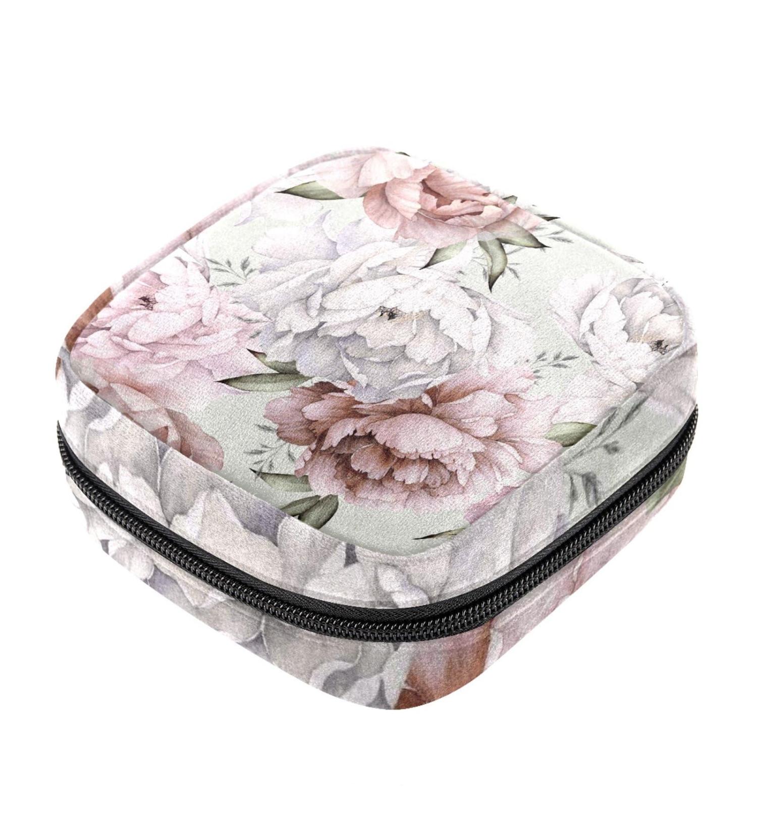 Peony Flower Menstrual Cup & Pad Storage Bag - White Pink, Portable Period Kit Pouch - Color 15 - Buy Online on GoSupps.com