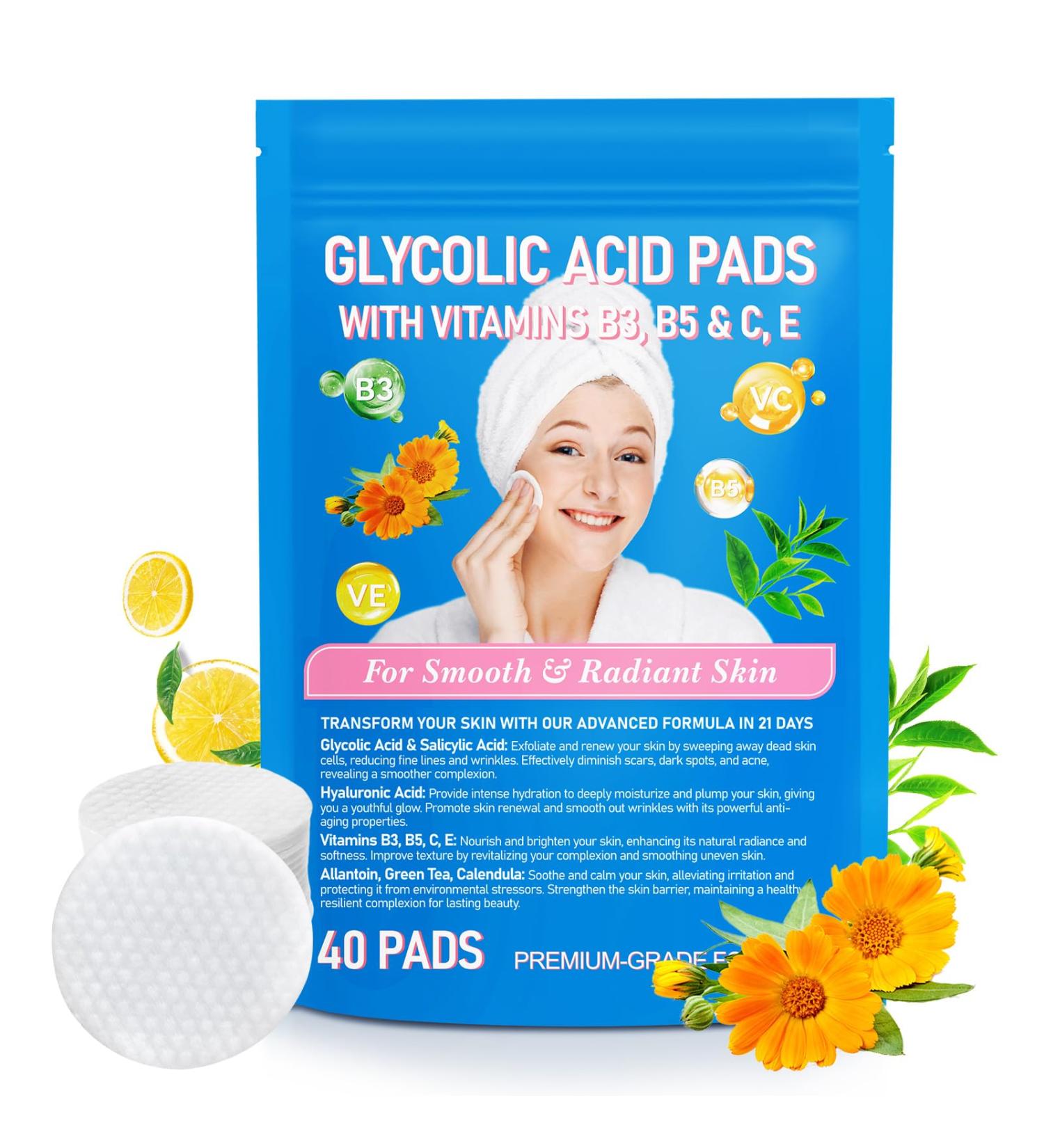 40pcs Glycolic Acid Pads for Face & Body - Exfoliating Peeling Pads with Vitamins B3 B5 C & E - Reduce Fine Lines & Wrinkles - Collagen Renewal - Green Tea & Calendula - Buy Online on GoSupps.com