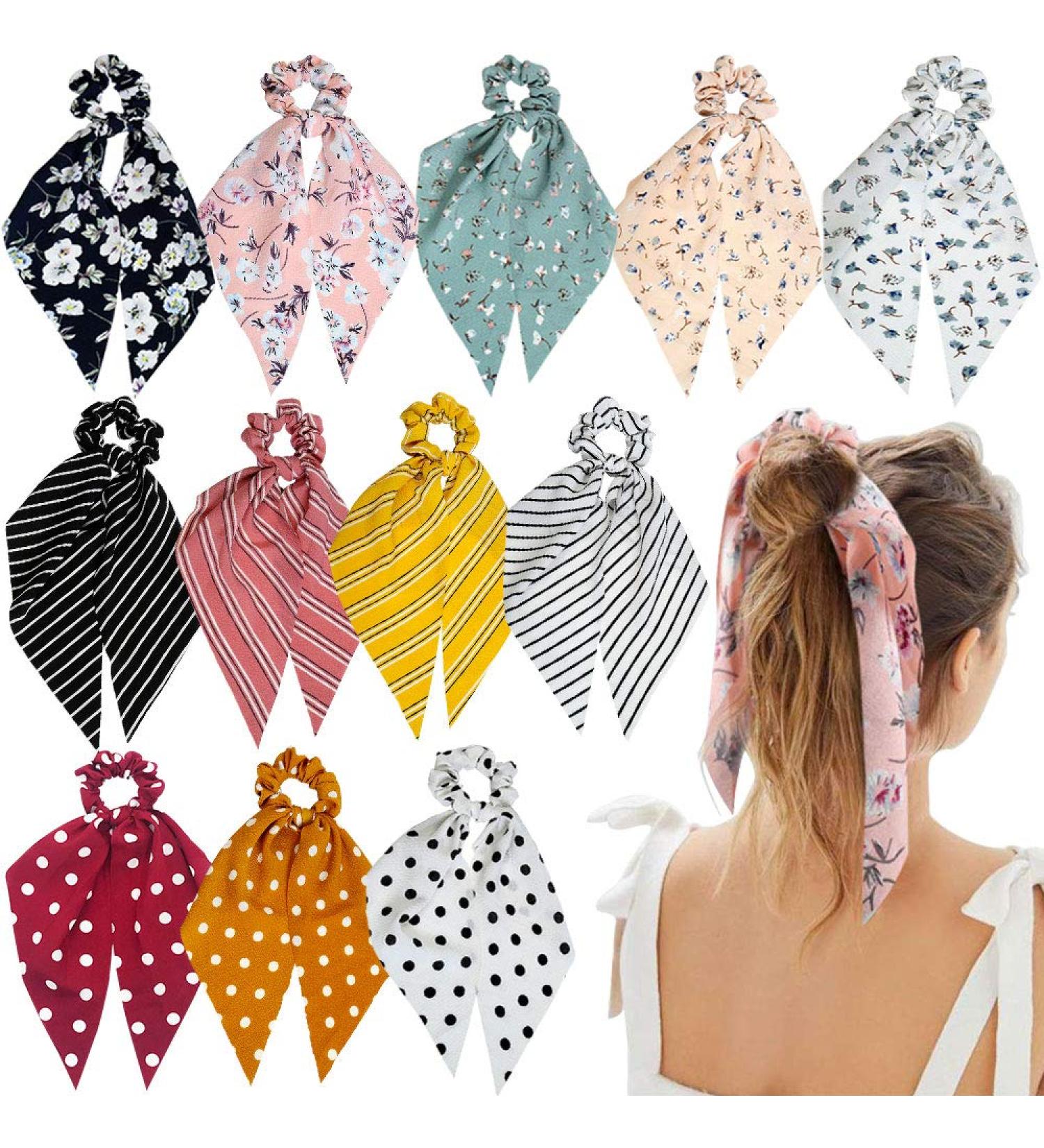 Sunaction Floral Chiffon Hair Scarf Scrunchies - 12 Pcs Ponytail Holders & Hair Ties - Buy Online on GoSupps.com
