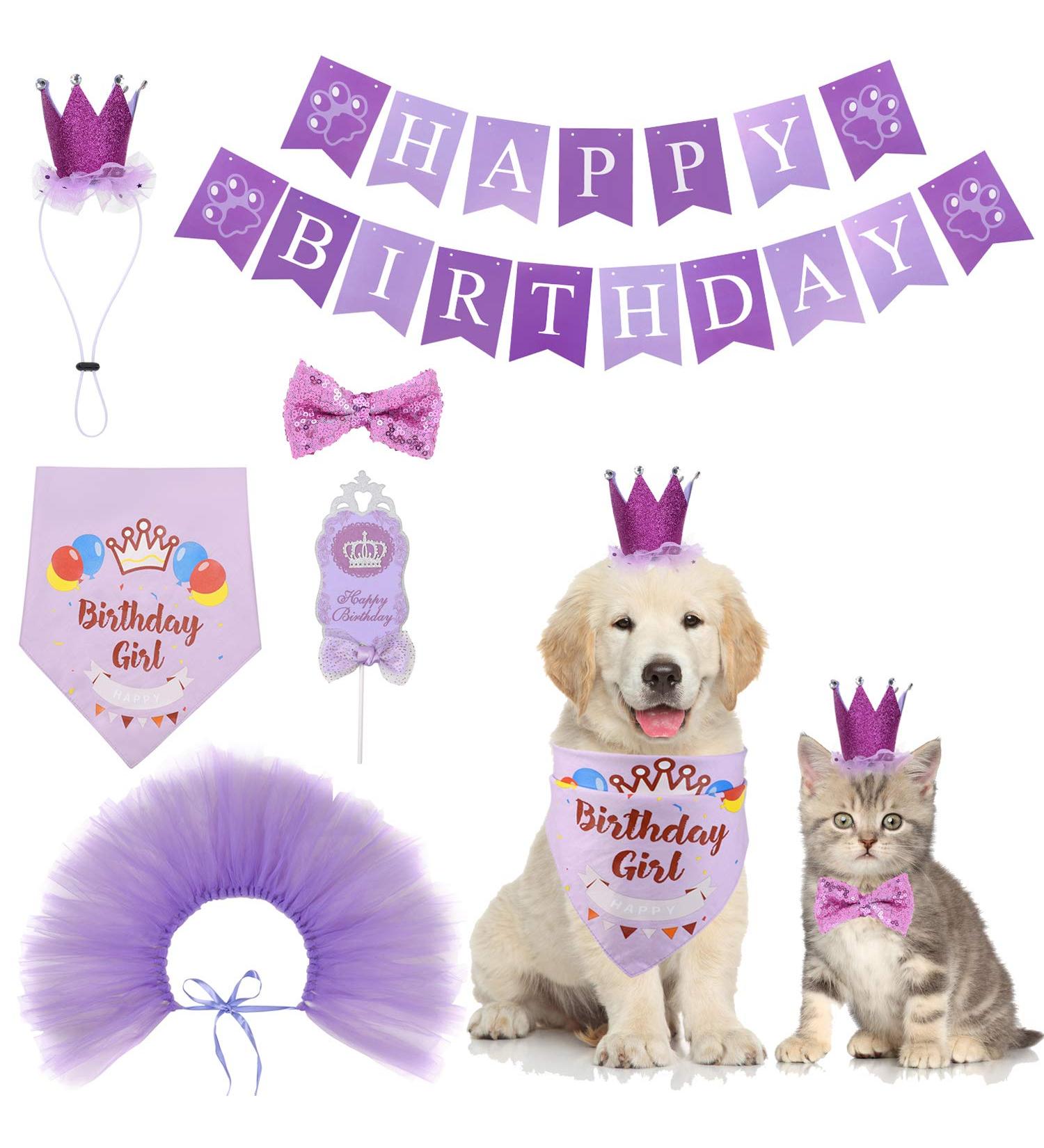 Cozifree Dog Birthday Party Supplies - 6Pcs Girl-Purple Bandana, Tutu Skirt, Crown Hat, Scarf Tie, Banner, Cake Topper for Pet Cat Puppy - Happy Birthday Decorations - Buy Online on GoSupps.com
