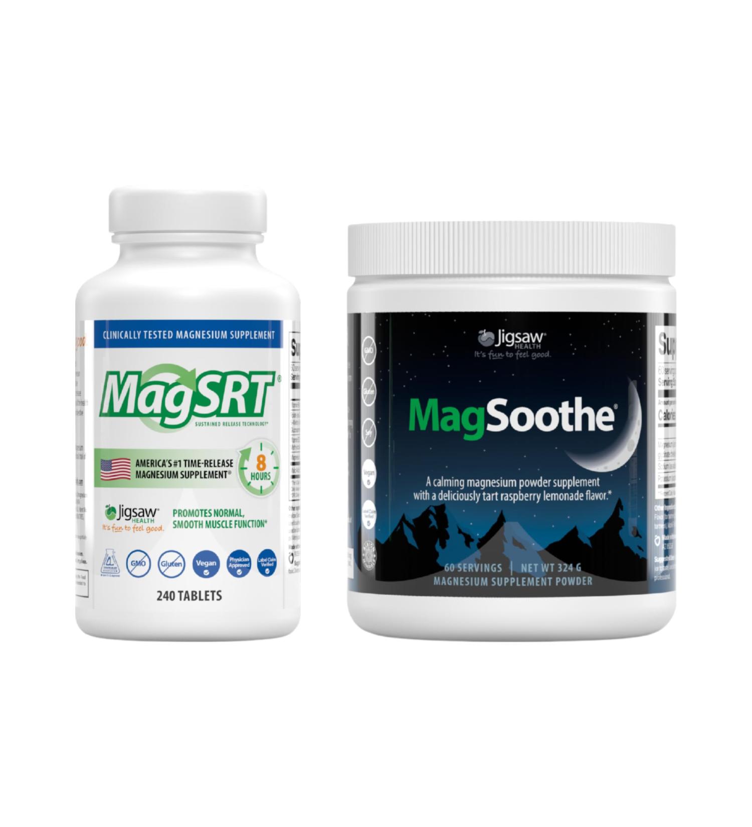 Jigsaw Health Magnesium Bundle | MagSRT 240 Tablets and MagSoothe (Raspberry Lemonade) 60 Servings (Jar) - Buy Online on GoSupps.com
