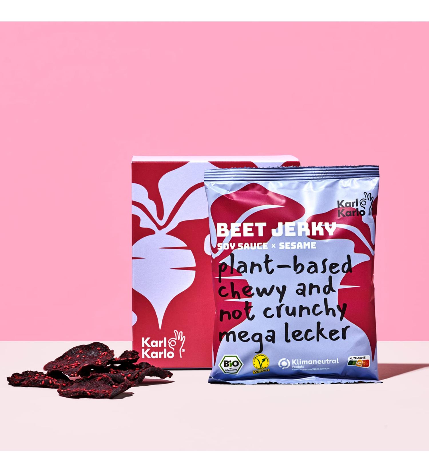 Karl Karlo Vegan Beef Jerky - Beet Jerky with Soya Sauce & Sesame | Natural Vegan Snack | Made in Europe - 4-Pack (40 Pieces) - Buy Online on GoSupps.com