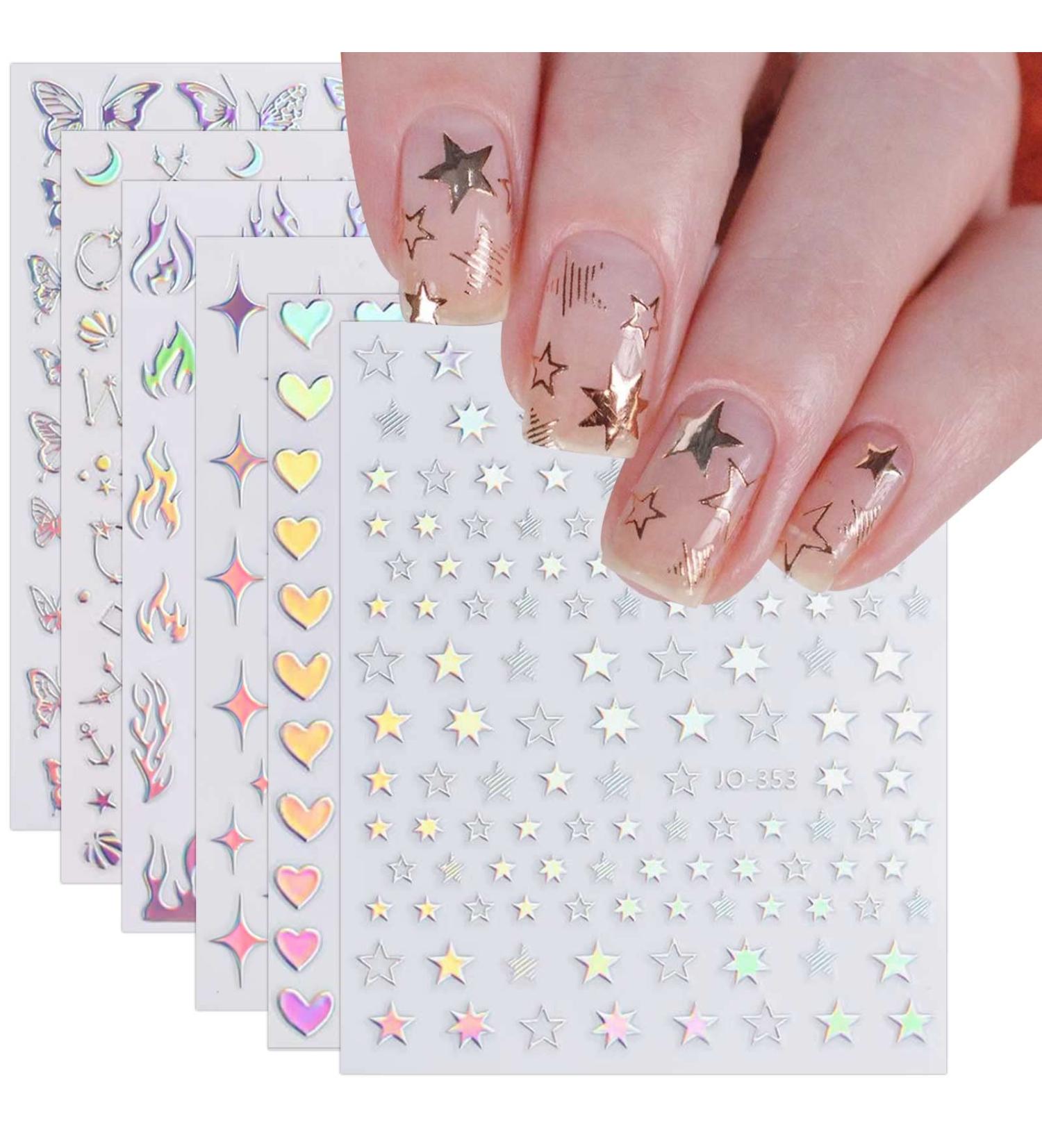 Aurora Holographic Nail Art Stickers - 9 Sheets | Self-Adhesive Pegatinas | Glitter Heart Flame Stars Butterfly Moon Design | Nail Supplies - Buy Online on GoSupps.com