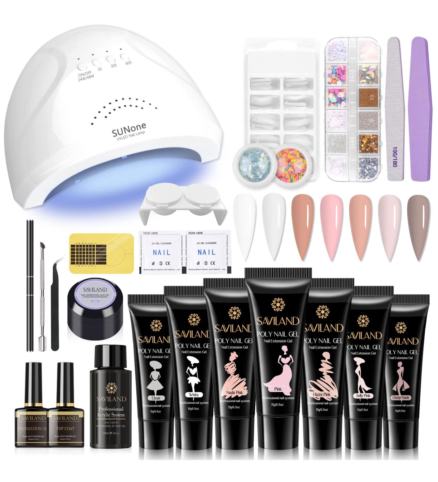 Saviland Poly Nail Gel Kit - Pink Series 7 Colors Nail Extension Set with 48W Nail Lamp and Manicure Tools - for Salon Quality Nails at Home - Buy Online on GoSupps.com