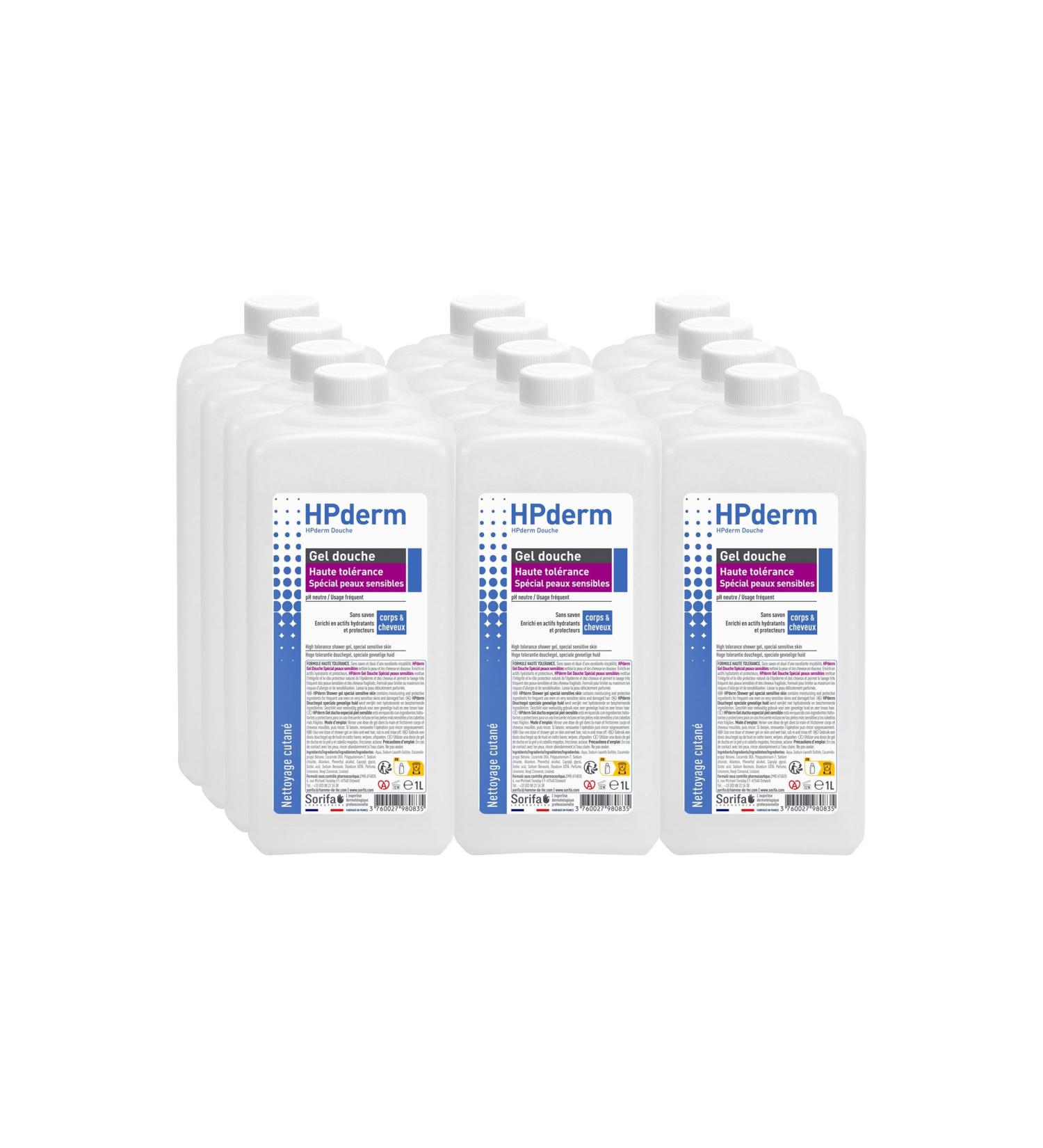  SORIFA Pack of 12 - HPderm High Tolerance Shower Gel - 2 in 1 for body and hair - Specially formulated for sensitive skin tattooed skin and damaged hair - For frequent use - pH neutral soap-free - 1L bottle - Buy Online on GoSupps.com