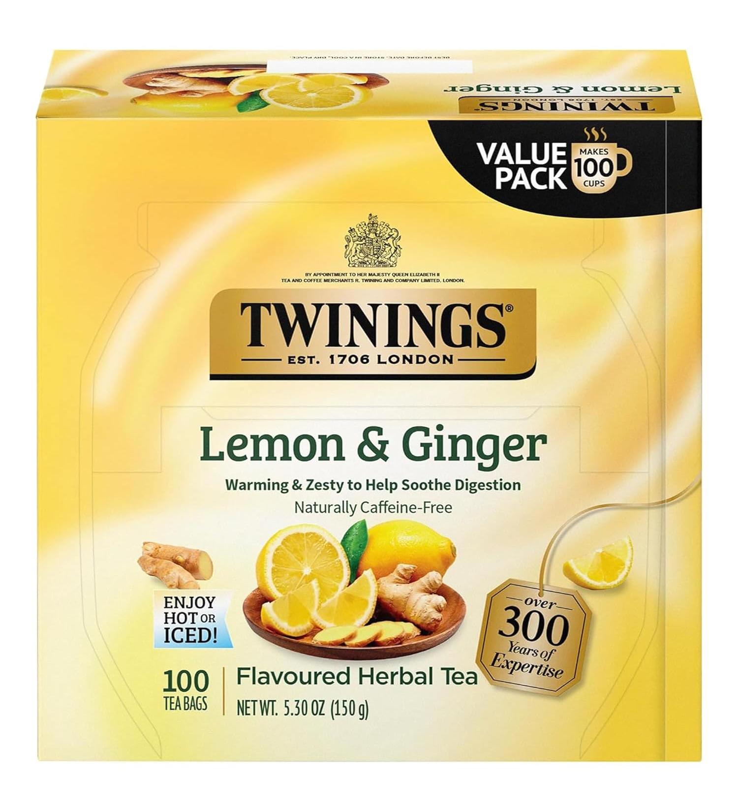 Twinings Lemon & Ginger Herbal Tea Individually Wrapped Bags - Naturally Caffeine-Free - 100 Teabags - Buy Online on GoSupps.com