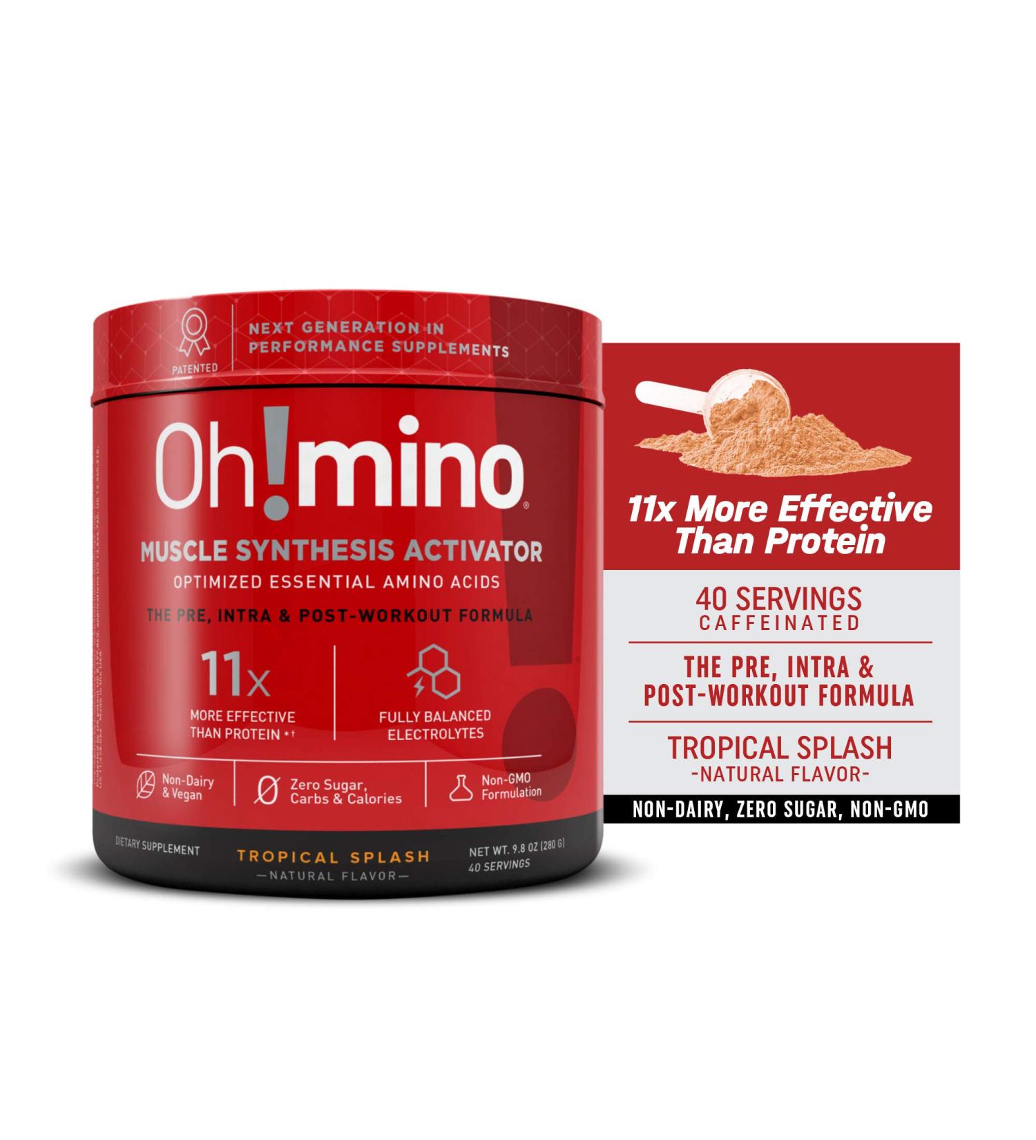 Oh!mino Muscle Synthesis Activator Tropical Splash Flavor | Amino Acids & Electrolytes Powder Supplement | Pre & Post Workout Recovery Drink - 40 Servings 280g (Caffeinated) by Oh!Nutrition - Buy Online on GoSupps.com