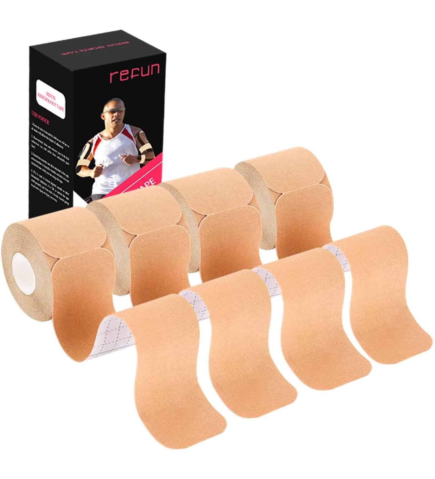 REFUN Kinesiology Tape Precut - 4 Rolls Pack for Pain Relief | Waterproof, Latex Free | 2 x 16.5 ft Per Roll | Ideal for Knee, Shoulder, Elbow | 20 Pre-cut 10 Strips - Beige - Buy Online on GoSupps.com
