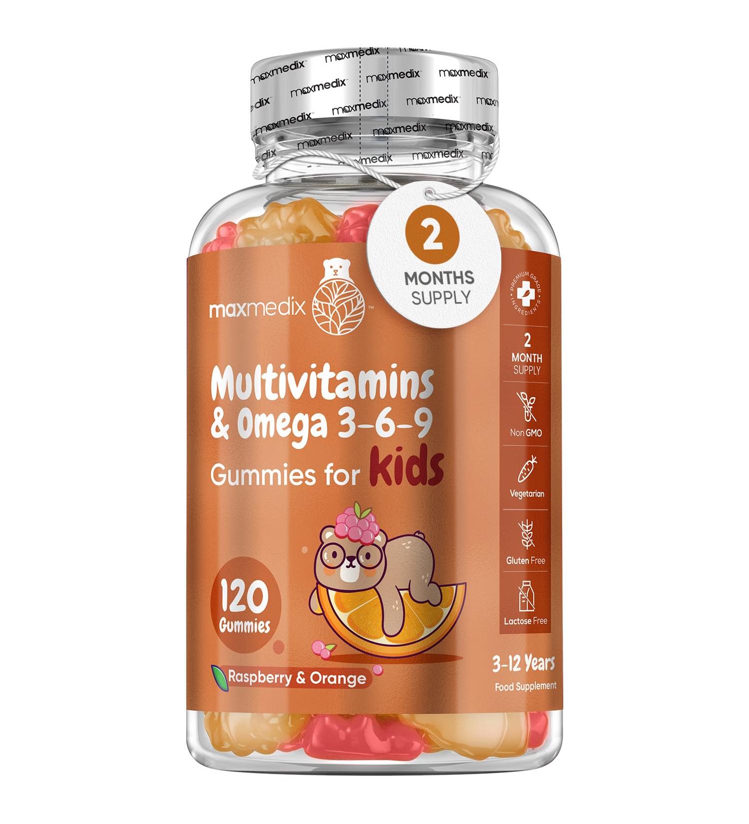 Multivitamin for Kids - 120 Natural Raspberry & Orange Flavour Chewable Gummies (2 Month Supply) - Low-Sugar Childrens Multivitamins with Zinc & Omega 3 6 & 9 - Vegetarian Vitamins for Kids Multivitamin Gummies - Buy Online on GoSupps.com