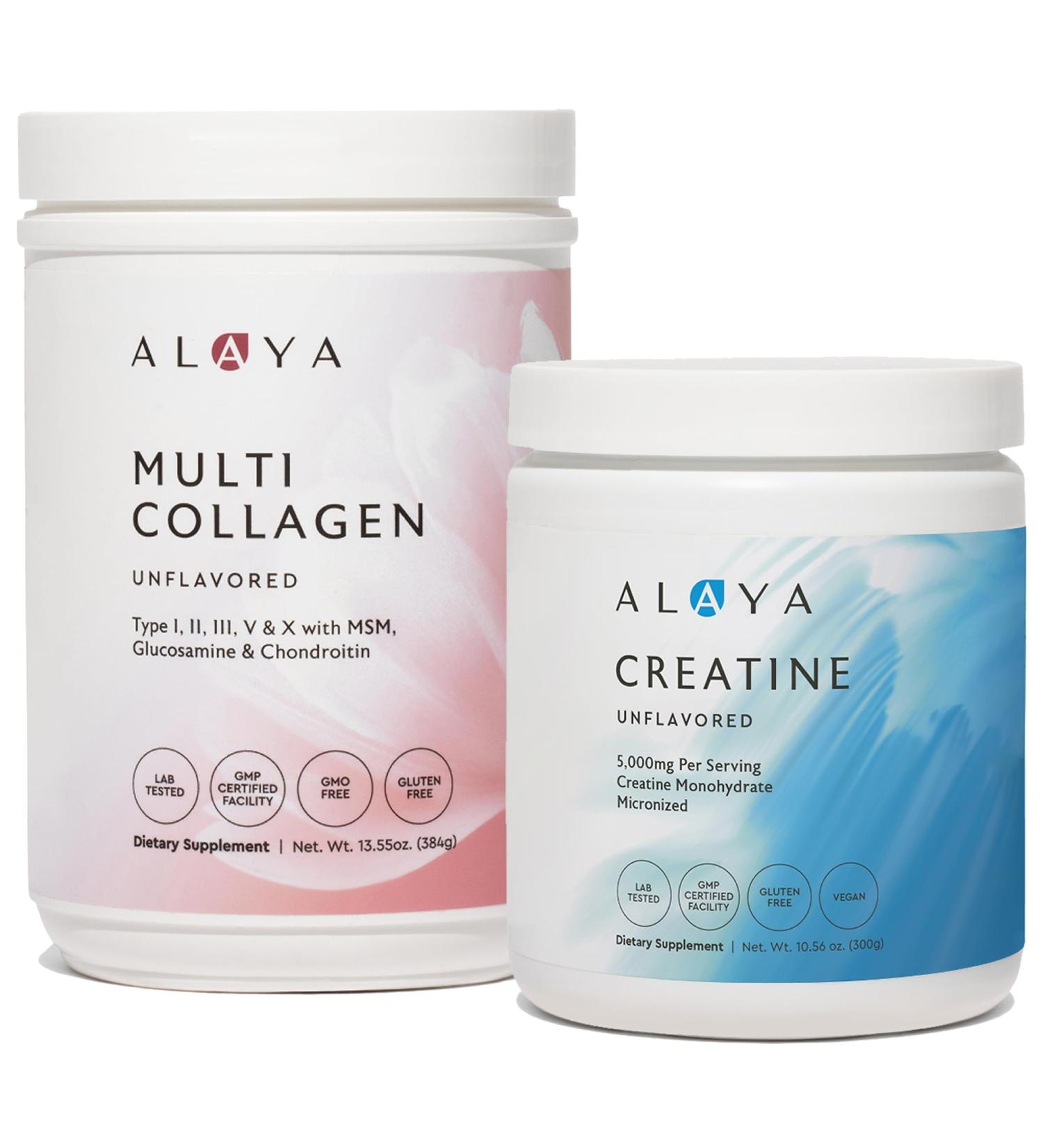 Alaya Multi Collagen Powder (40 Servings) & Micronized Creatine Monohydrate (5 g) Bundle Unflavored, Non-GMO Supplements for Muscle Energy, Skin, Hair & Joint Support - Buy Online on GoSupps.com