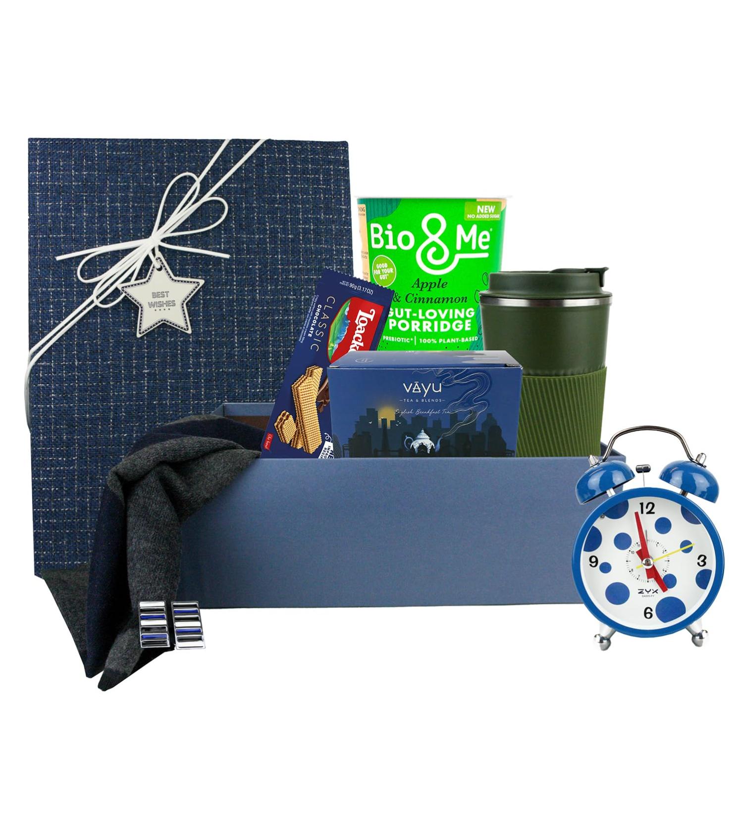 Gentleman's Morning Essentials Gift Box Hamper English Breakfast Tea Porridge Alarm Clock Biscuits Warm Scarf Cufflinks and Flask- Curated Elegance Gift Box - Buy Online on GoSupps.com