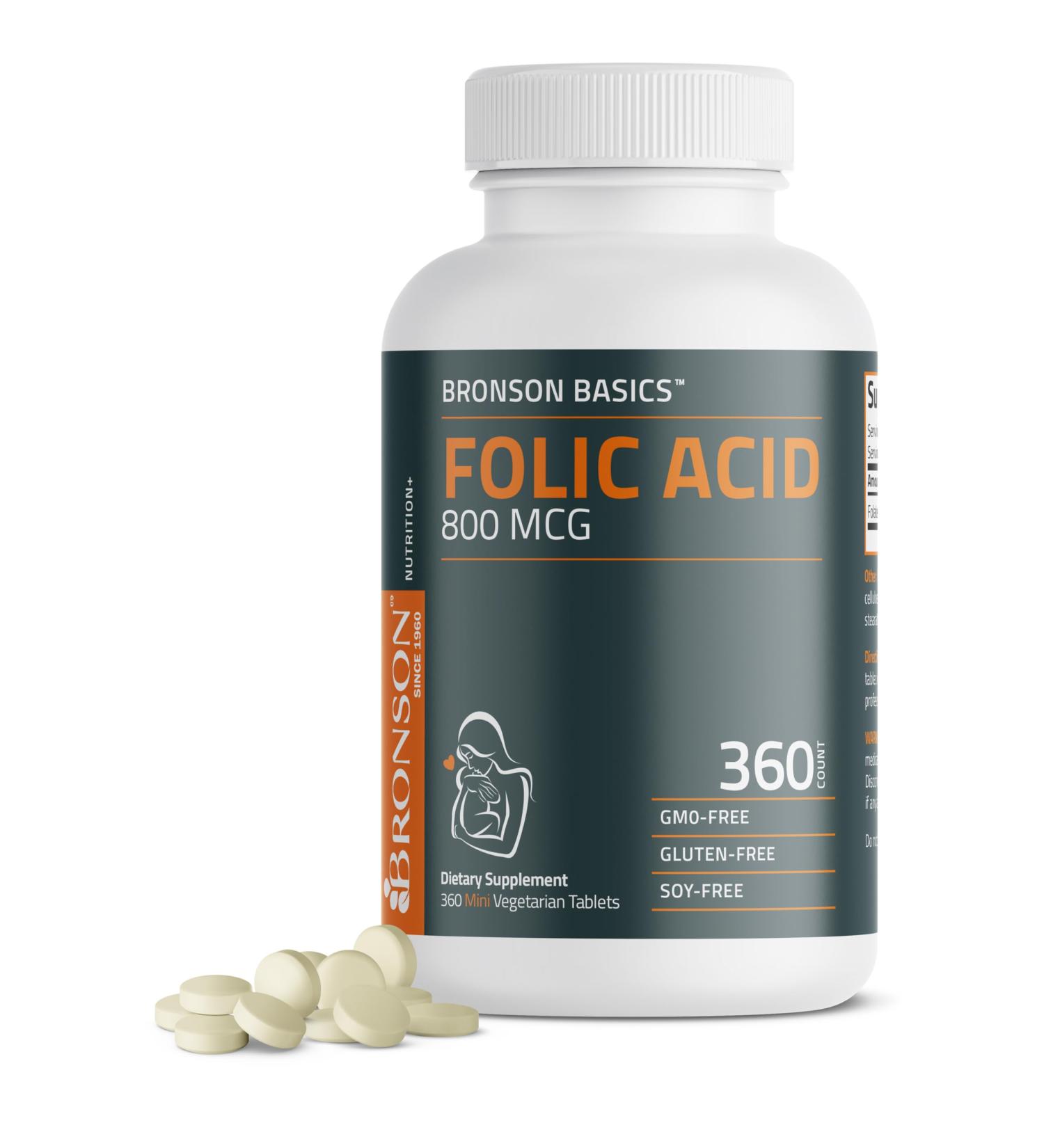 Bronson Folic Acid 800 MCG Supports Prenatal Development, 1 Year Supply, Non-GMO, 360 Tablets - Buy Online on GoSupps.com
