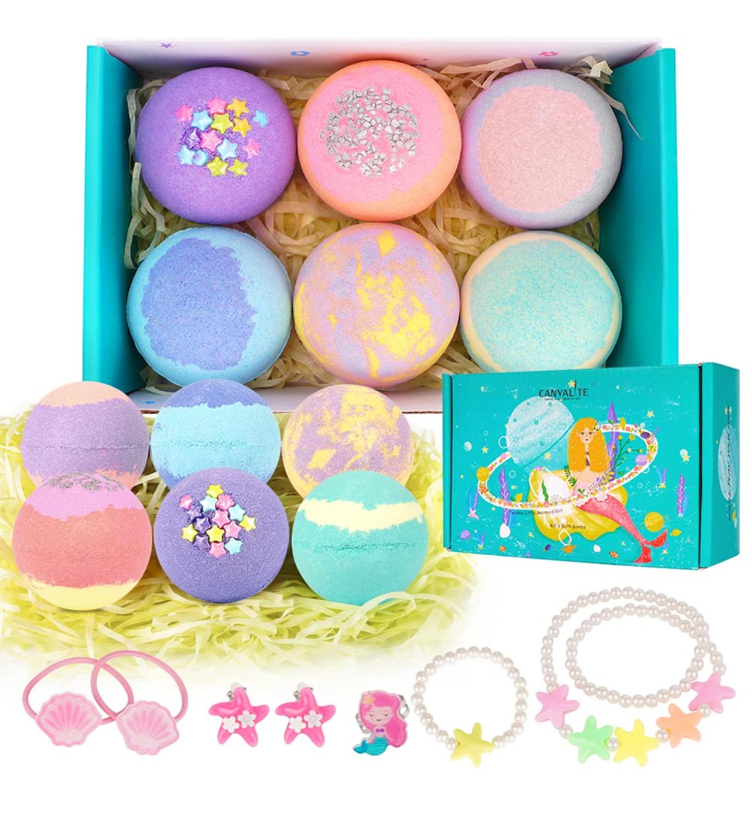 Canvalite Kids Bath Bombs - 6 Pcs Handmade Mermaid Gifts for Girls | Skin-Friendly Natural Spa Fizzy Bubble Bath with Surprise Inside Little Girls Jewelry - Buy Online on GoSupps.com