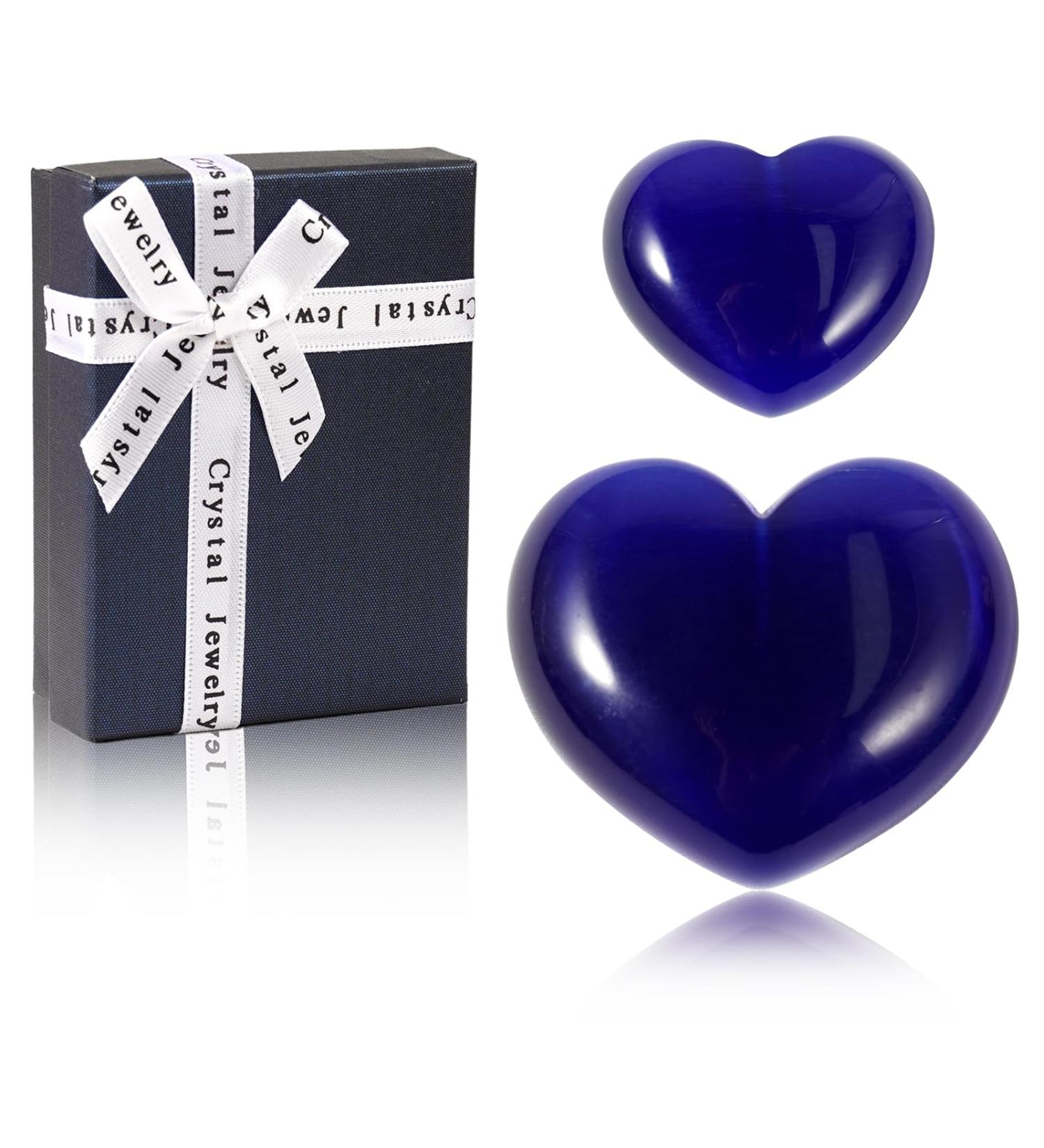 Soulnioi Dark Blue Cat's Eye Crystal Heart Worry Stones - 2Pcs Set for Reiki Therapy and Meditation - Buy Online on GoSupps.com