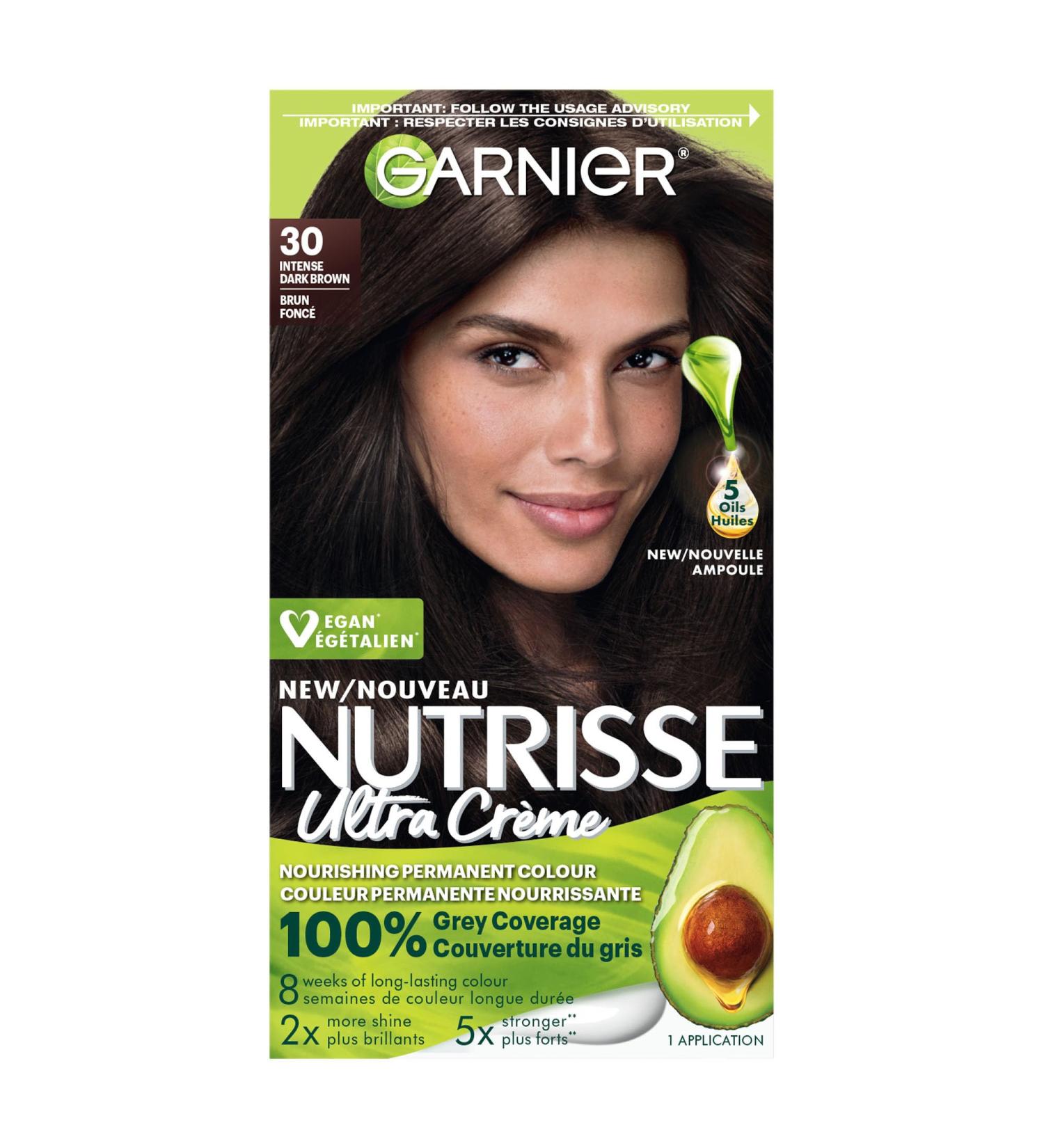 GARNIER Nutrisse Cream Permanent Hair Colour 30 Intense Dark Brown 100% Grey Coverage Nourished Hair Enriched With Avocado Oil 1 Application BROWN SHADES 30 Intense Dark Brown - Buy Online on GoSupps.com