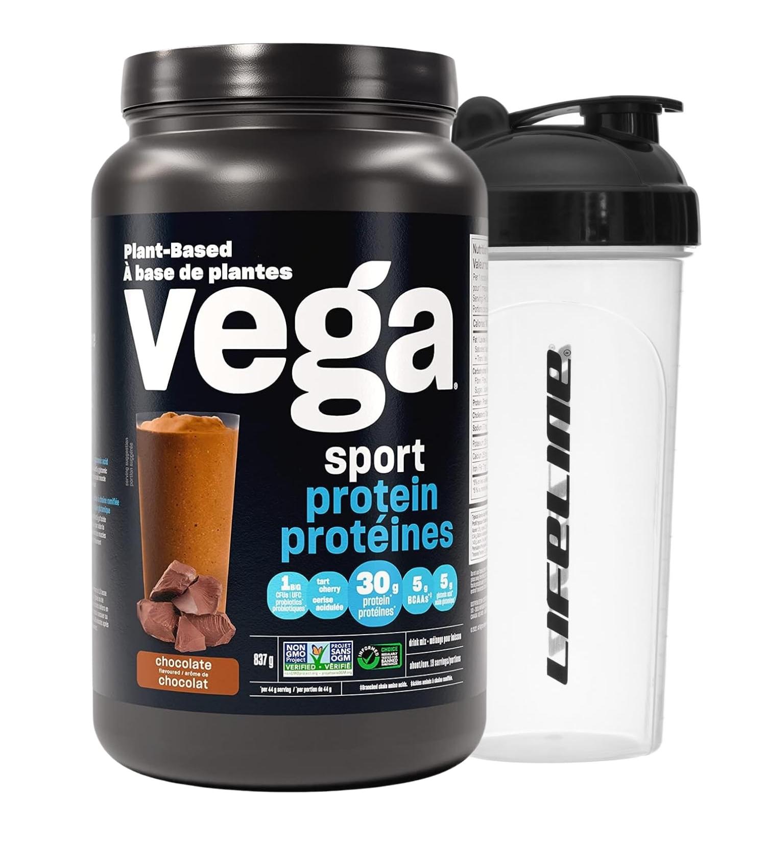 Vega Sport Protein Powder Chocolate with Shaker Bottle - Plant Based Vegan Protein Powder BCAAs Amino Acid tart cherry Non Dairy Gluten Free Non GMO (19 servings) - Buy Online on GoSupps.com