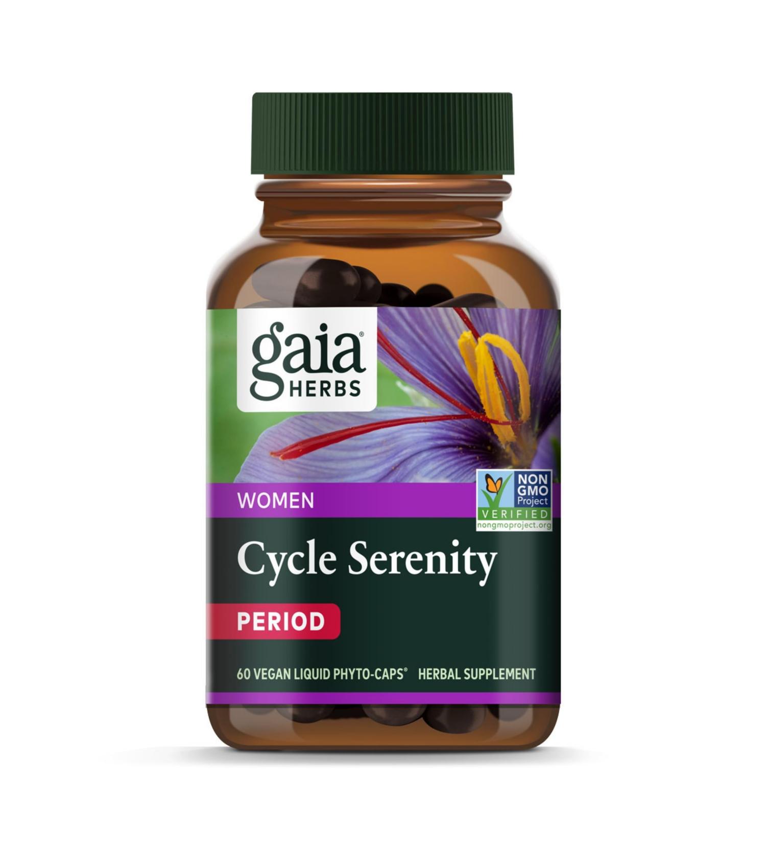 Gaia Herbs Cycle Serenity - Women's Hormonal Balance Supplement - Made with Fenugreek Saffron Turmeric & Hawthorn - Free from Gluten Dairy & Soy - 60 Vegan Capsules (60 Servings) - Buy Online on GoSupps.com