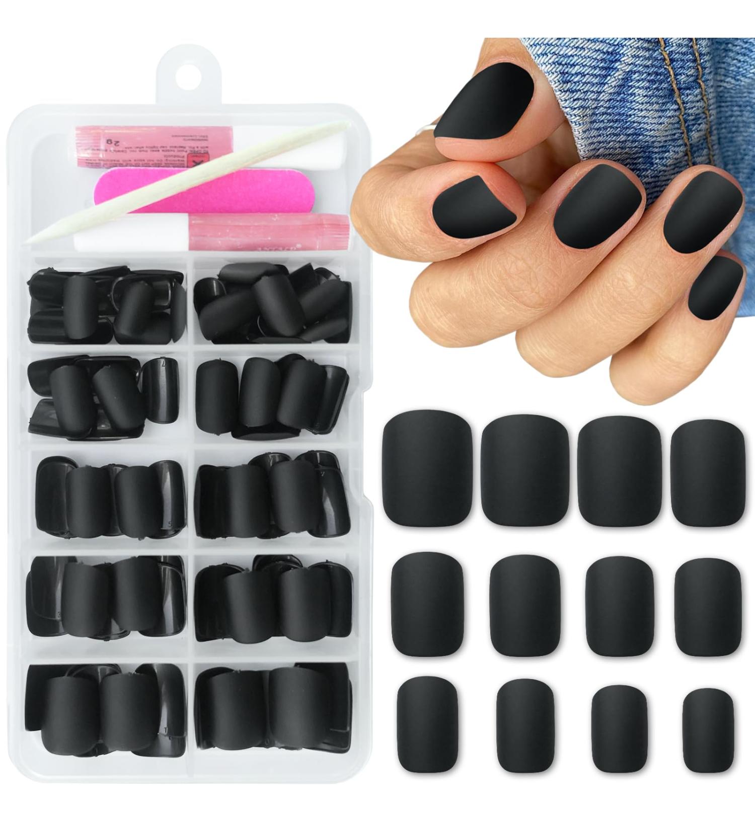 Short Press on Nails Square - 120Pcs Matte Color False Nails with Adhesive Tabs | Full Cover Acrylic Glue-on Nails for Women & Girls - Stylish Black Design - Buy Online on GoSupps.com