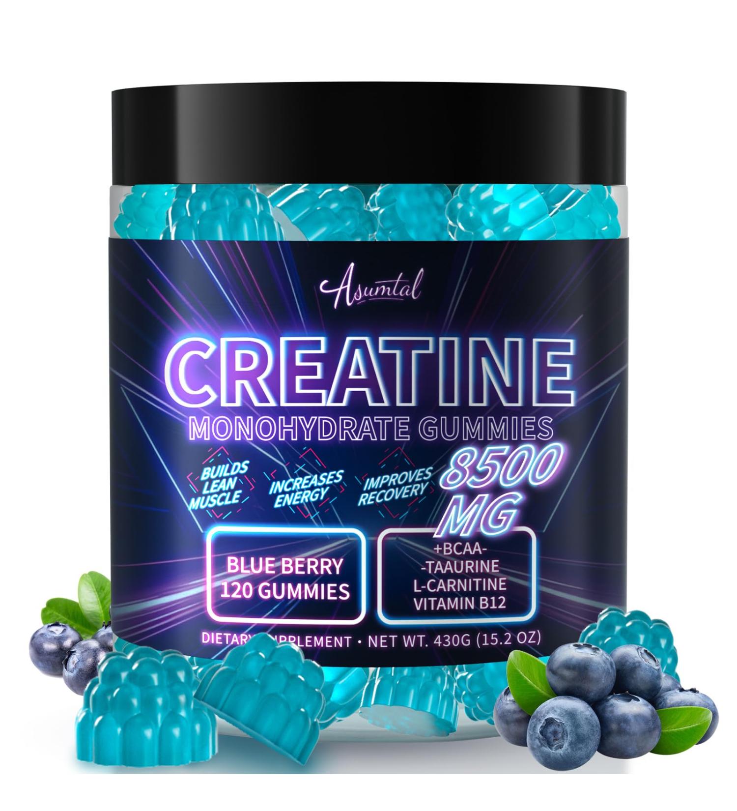 Asumtal Creatine Monohydrate Gummies Complex 8500 MG for Men & Women Creatine Monohydrate Supplement for Muscle Growth Strength & Energy Support Pre Workout Gummies 120 Count Blueberry - Buy Online on GoSupps.com
