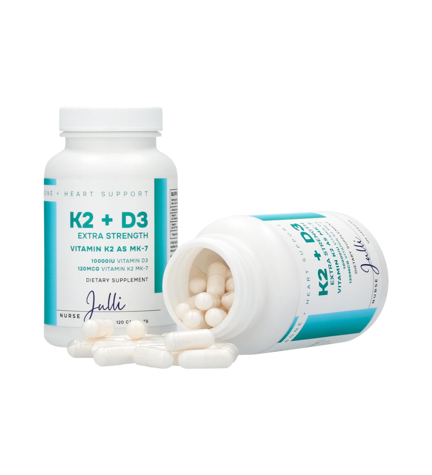 Nurse Julli Vitamin K2 + D3 Extra Strength Supplement - 120 Capsules with MK-7 for Bone and Heart Health Support - Essential Nutrients for Calcium Absorption and Immune Function - Buy Online on GoSupps.com