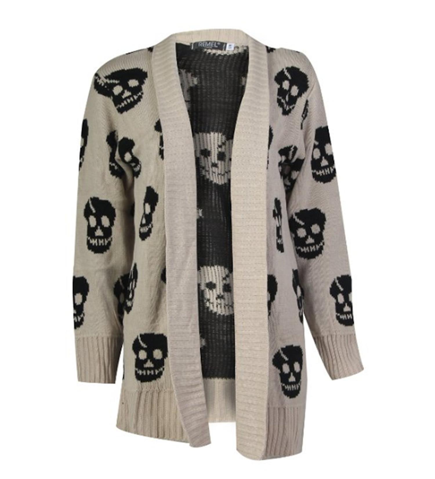 Fast Fashion Ladies Long Sleeves open Cardigan Skull Owl Front and above 16 Stone