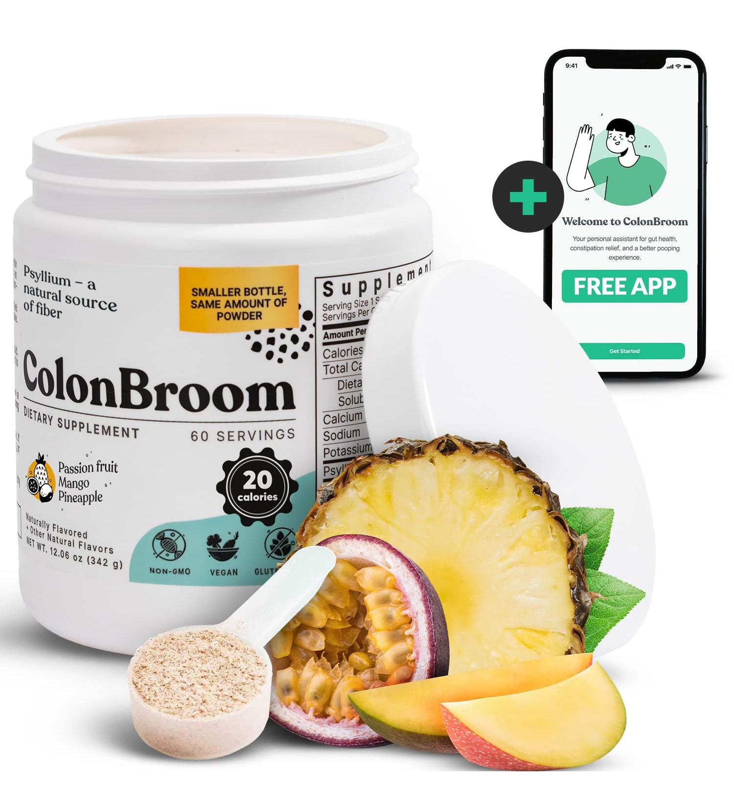 ColonBroom Tropical Fruits Psyllium Husk Powder Colon Cleanser - Vegan & Gluten-Free Fiber Supplement for Constipation & Bloating Relief - 60 Servings - Buy Online on GoSupps.com