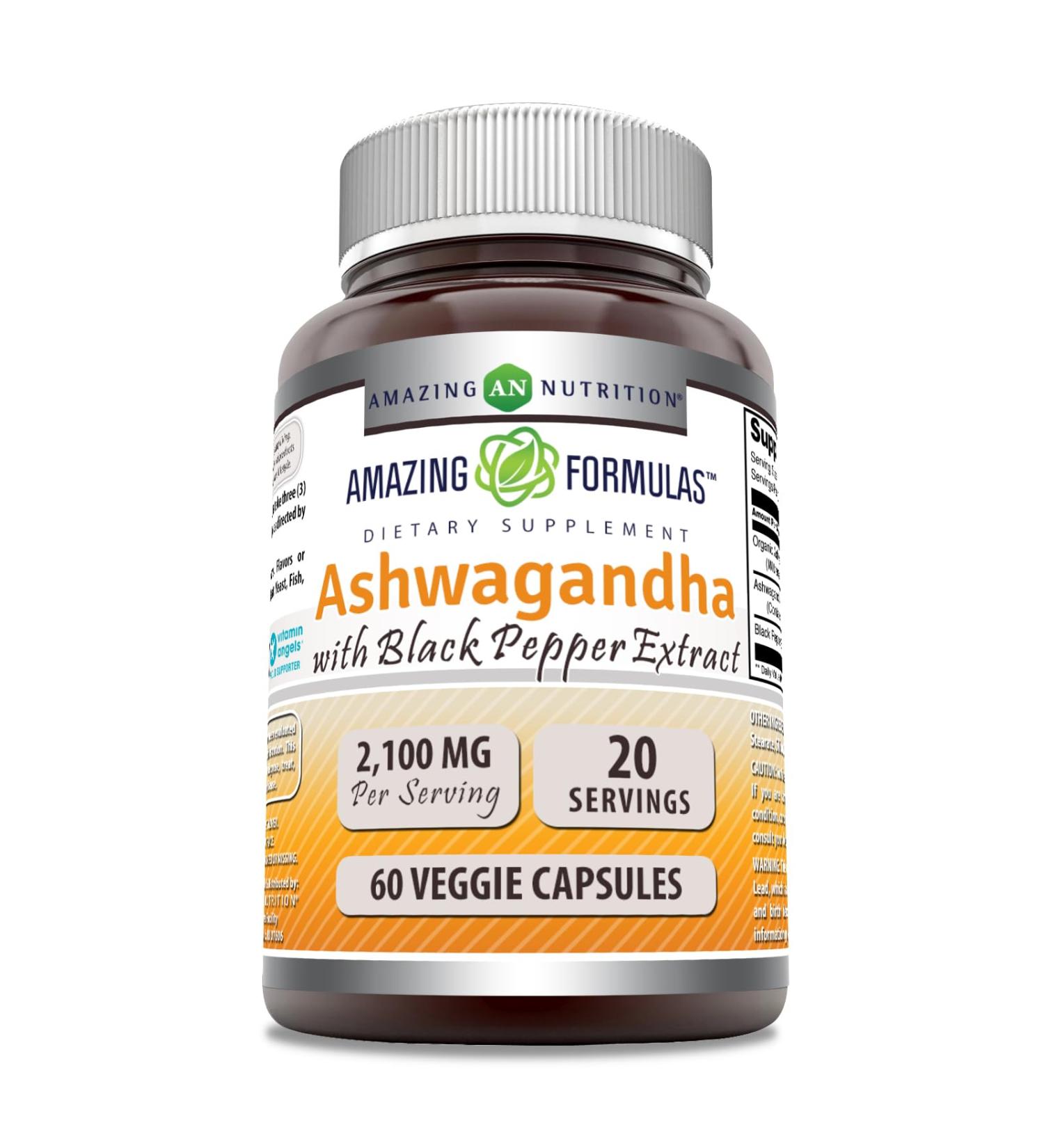Amazing Formulas Ashwagandha Root with Black Pepper Extract Supplement | 2100 Mg Per Serving | Veggie Capsules Supplement | Non-GMO | Gluten-Free | Made in USA (1 Pack 60 Count)