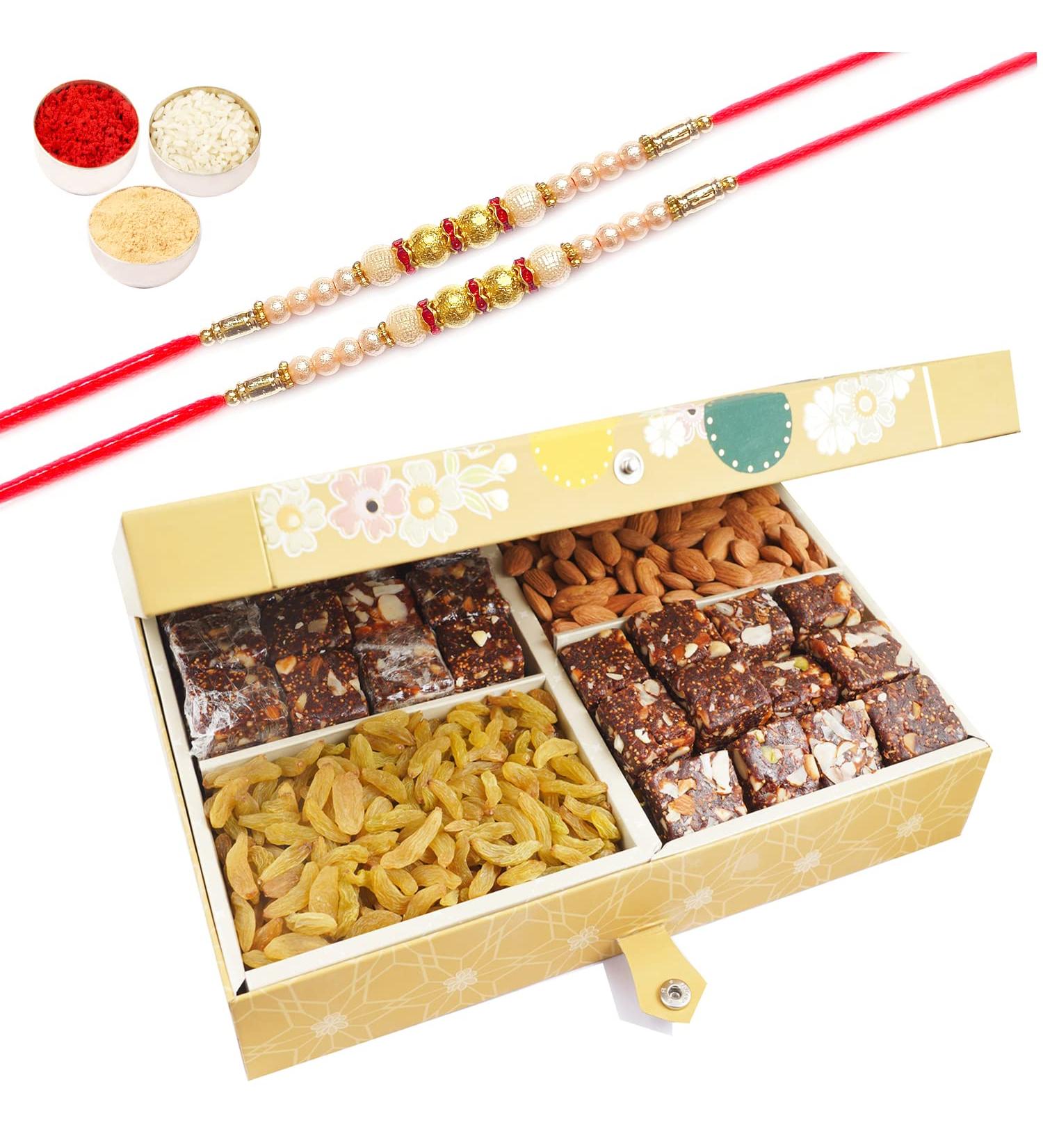 Ghasitaram Gifts Rakhi Gifts for Brothers Dryfruit - 4 Part with Almonds Raisins and Sugarfree Bites 600 GMS with 2 Pearl Rakhis Almonds Raisins and Sugarfree Bites & 2Rakhis - Buy Online on GoSupps.com