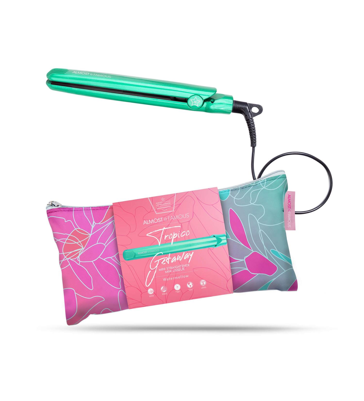 Almost Famous Tropico Getaway Mini Tourmaline & Ceramic Hair Straightener Flat Iron - Travel-Ready with Stylish Bag - Perfect for All Hairstyles (Watermellow - Buy Online on GoSupps.com