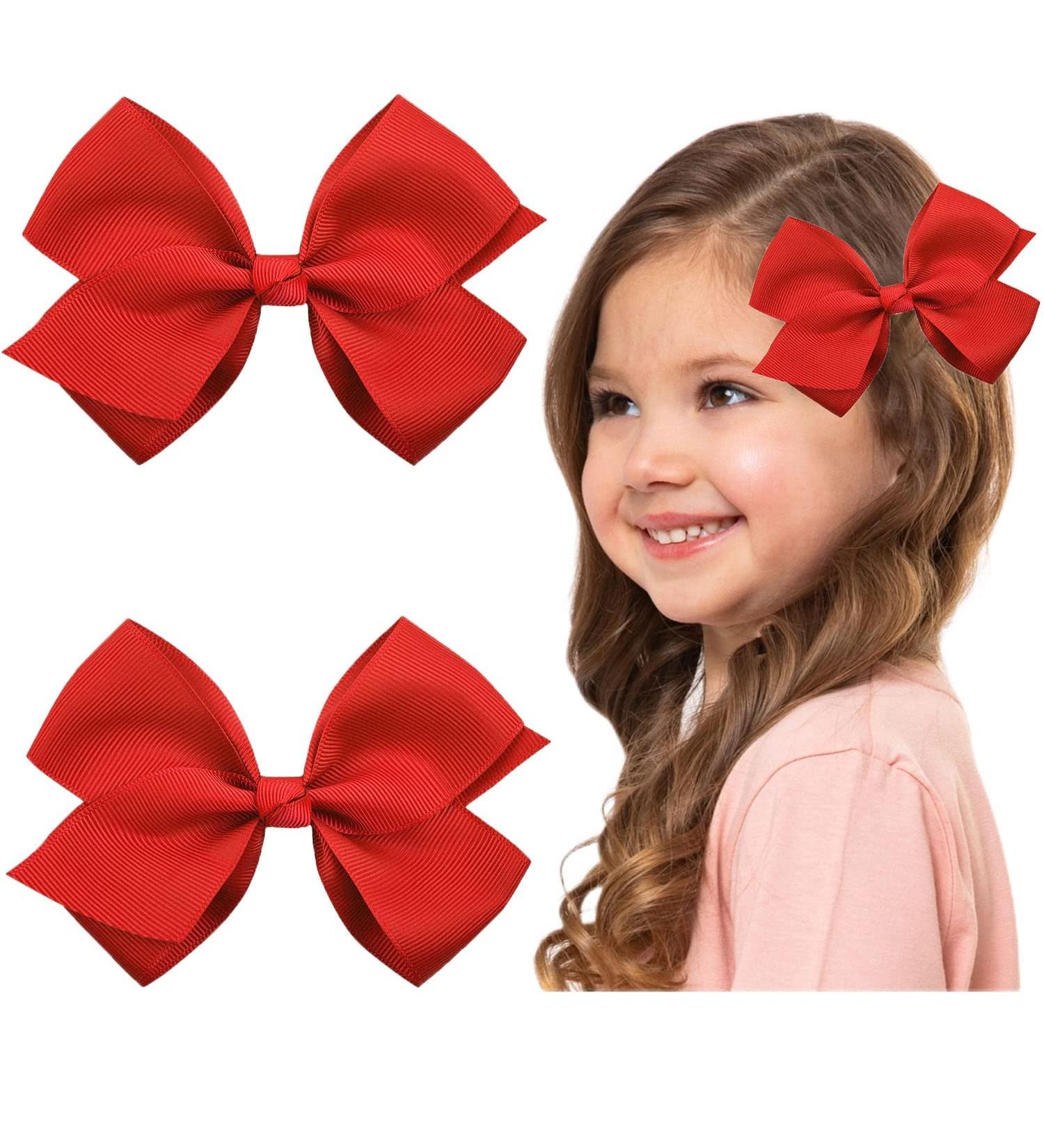2 Pack Red Grosgrain Ribbon Hair Bows Clips for Baby Girls - 4.5 Inch Alligator Clips for Infants, Toddlers, Kids - Buy Online on GoSupps.com