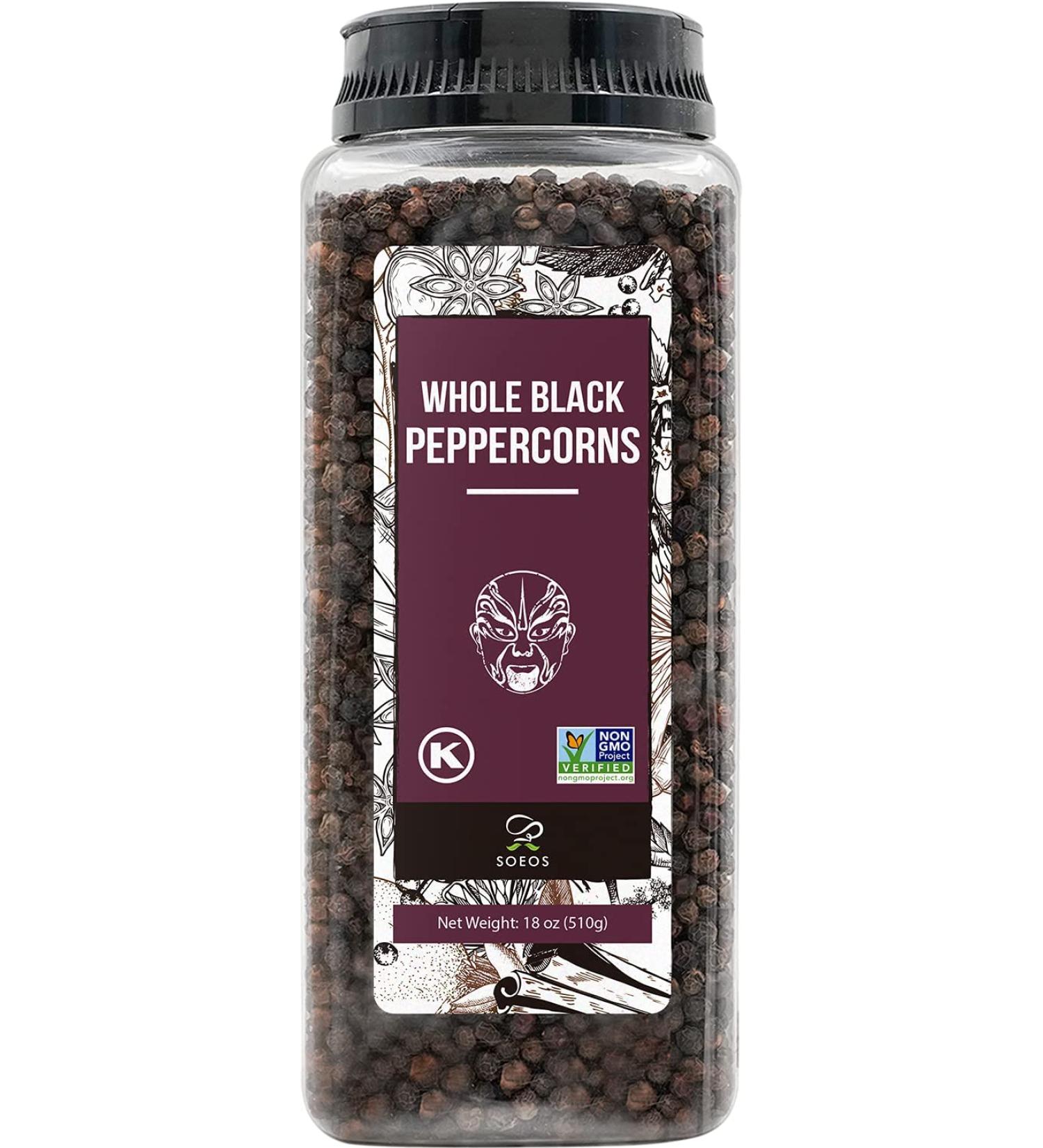 Soeos Black Peppercorns 18oz - Whole Non-GMO Kosher Peppercorns for Grinder Refill - Packed to Keep Fresh - 1.12 Pound - Buy Online on GoSupps.com