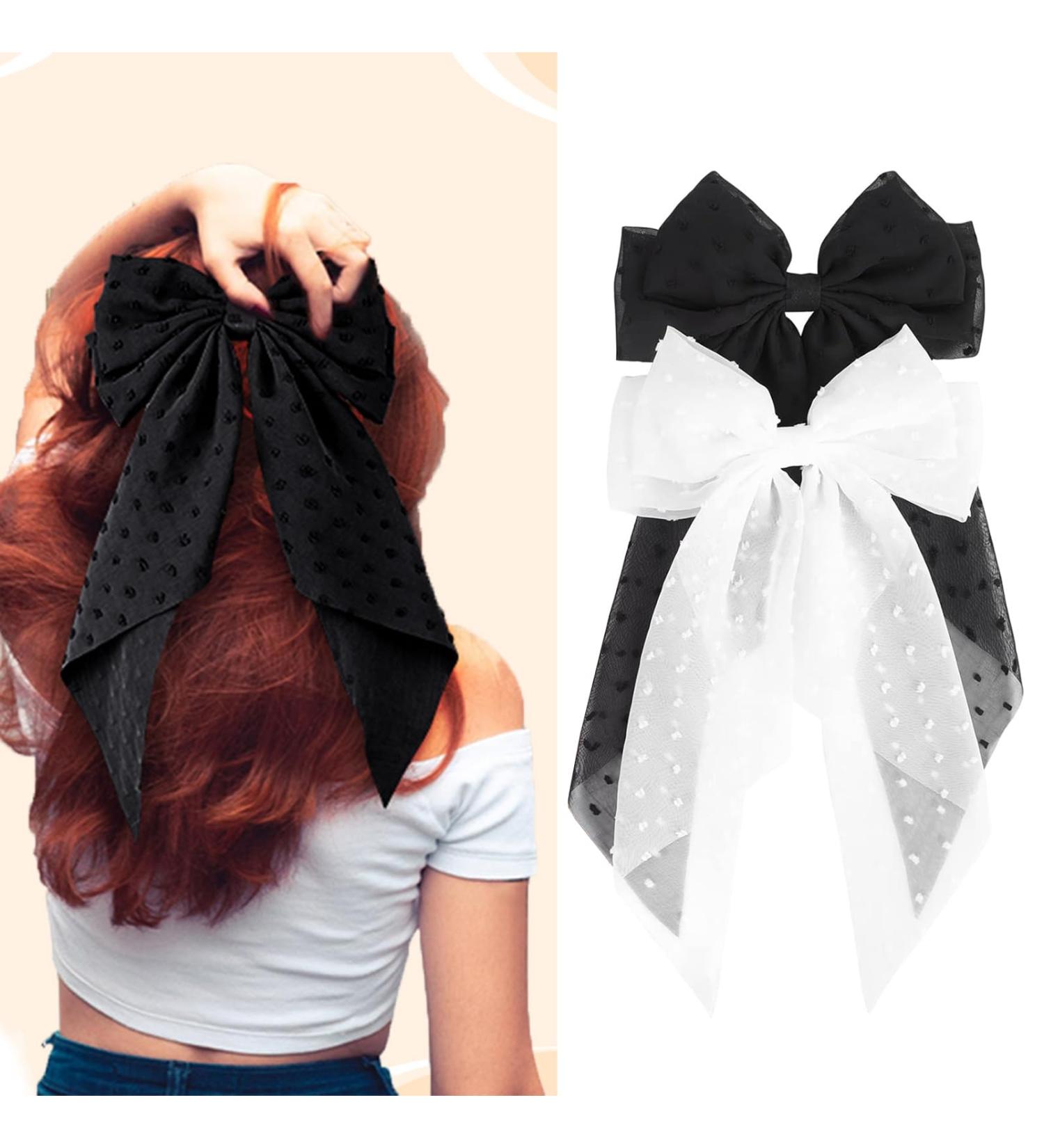 2 Pcs Big Hair Bow Hair Bows For Women Bow Hair Clip Elegant Solid Color French Barrette Bows For Hair With Long Polka Dot Bow Hair Barrettes Accessories Bow Hair Clips For Women Girls(White+Black) 2 White+Black - Buy Online on GoSupps.com