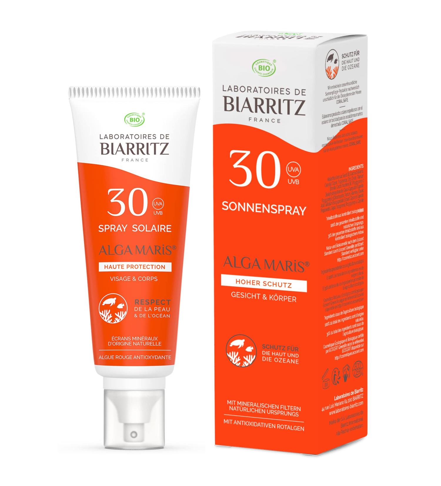 Laboratoires de Biarritz Sonnenspray LSF30 ALGA Maris Bio - Certified SPF 30 Sunscreen for Face & Body - Light Fluid Texture - 100ml Made in France - Buy Online on GoSupps.com